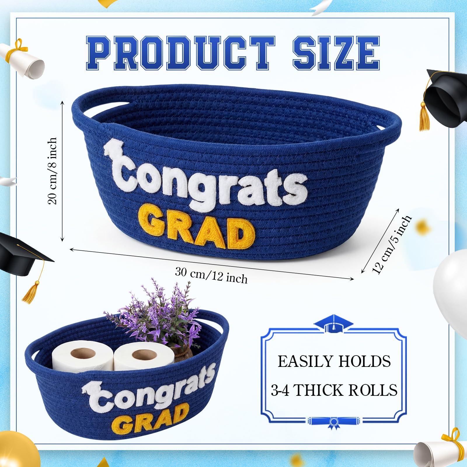 Yungyan Class of 2026 Graduation Gift Basket Empty, Small Cute Woven Rope Basket with Congrats Grad Words 12 x 8 x 5 Inch Decorative Graduation Gift Storage Baskets for College, University, PHD(Blue)