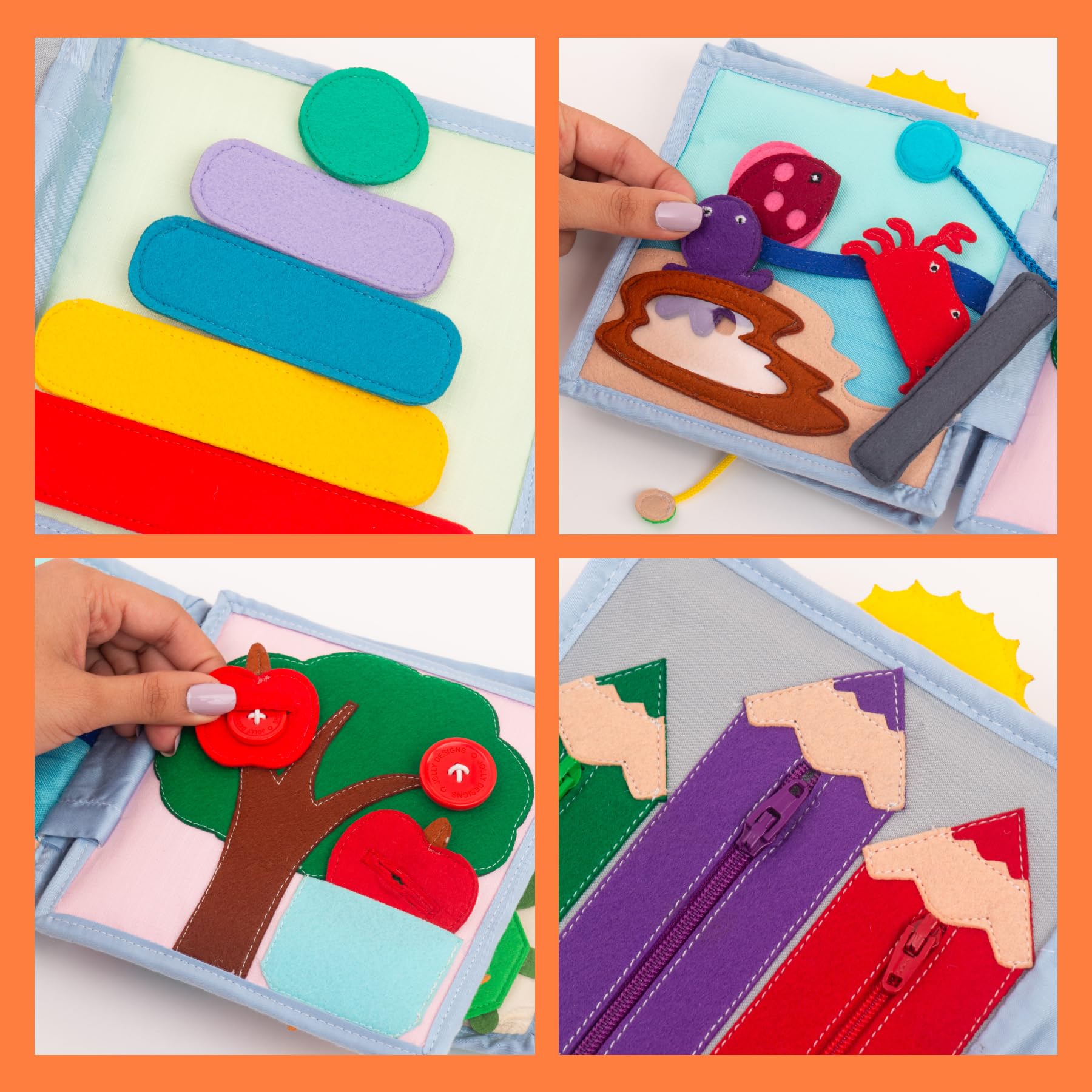 Jolly Designs® Premium Quiet Book Sunshine per bambini | Giocattoli Montessori a partire da 1 anno | Libro delle abilità motorie con varie attività