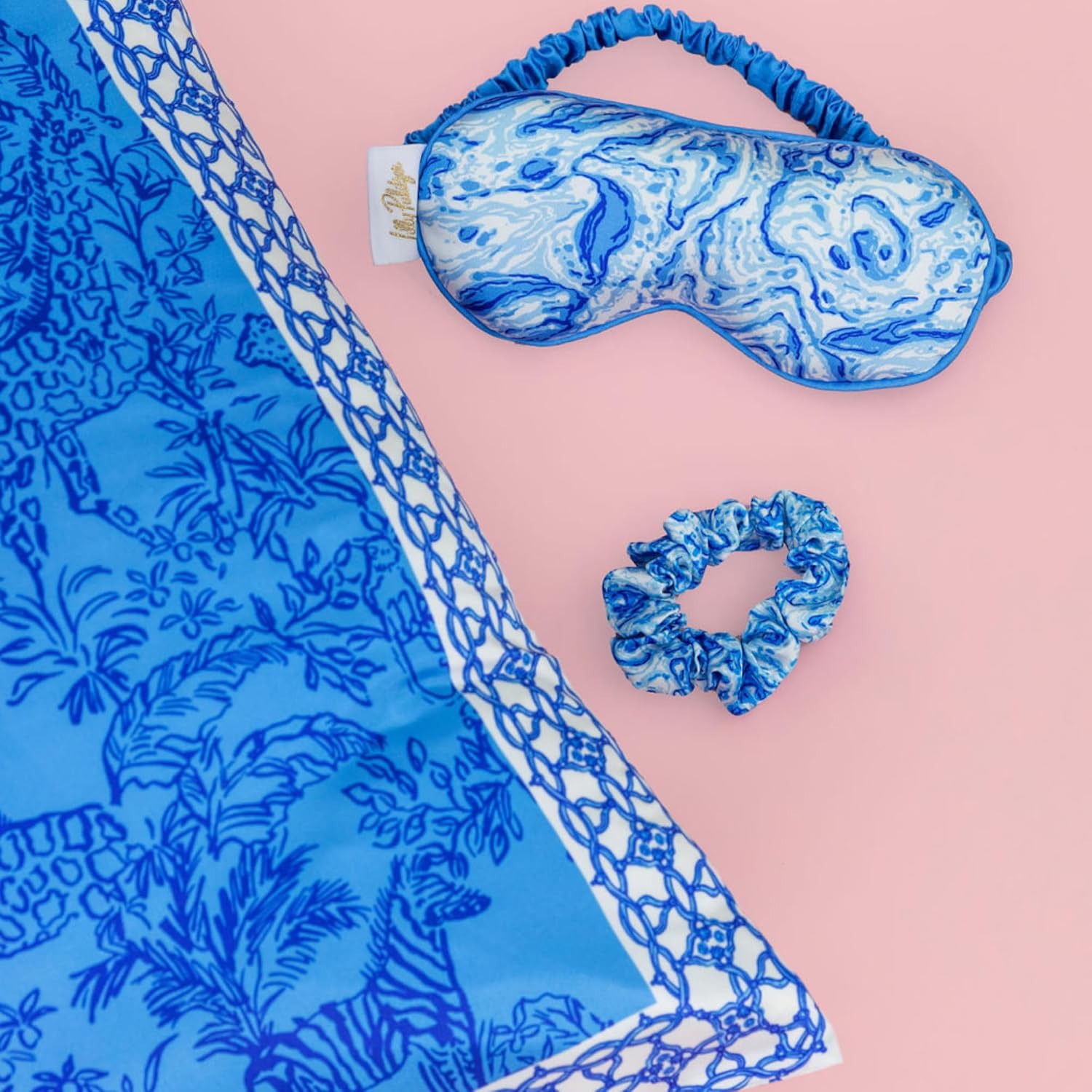 Lilly Pulitzer Silk Pillowcase and Eye Mask Set, Standard Pillow Sleep Set with Blue Satin Pillowcase, Padded Eye Mask, and Hair Scrunchie (Safari Party/Marble Swirl)