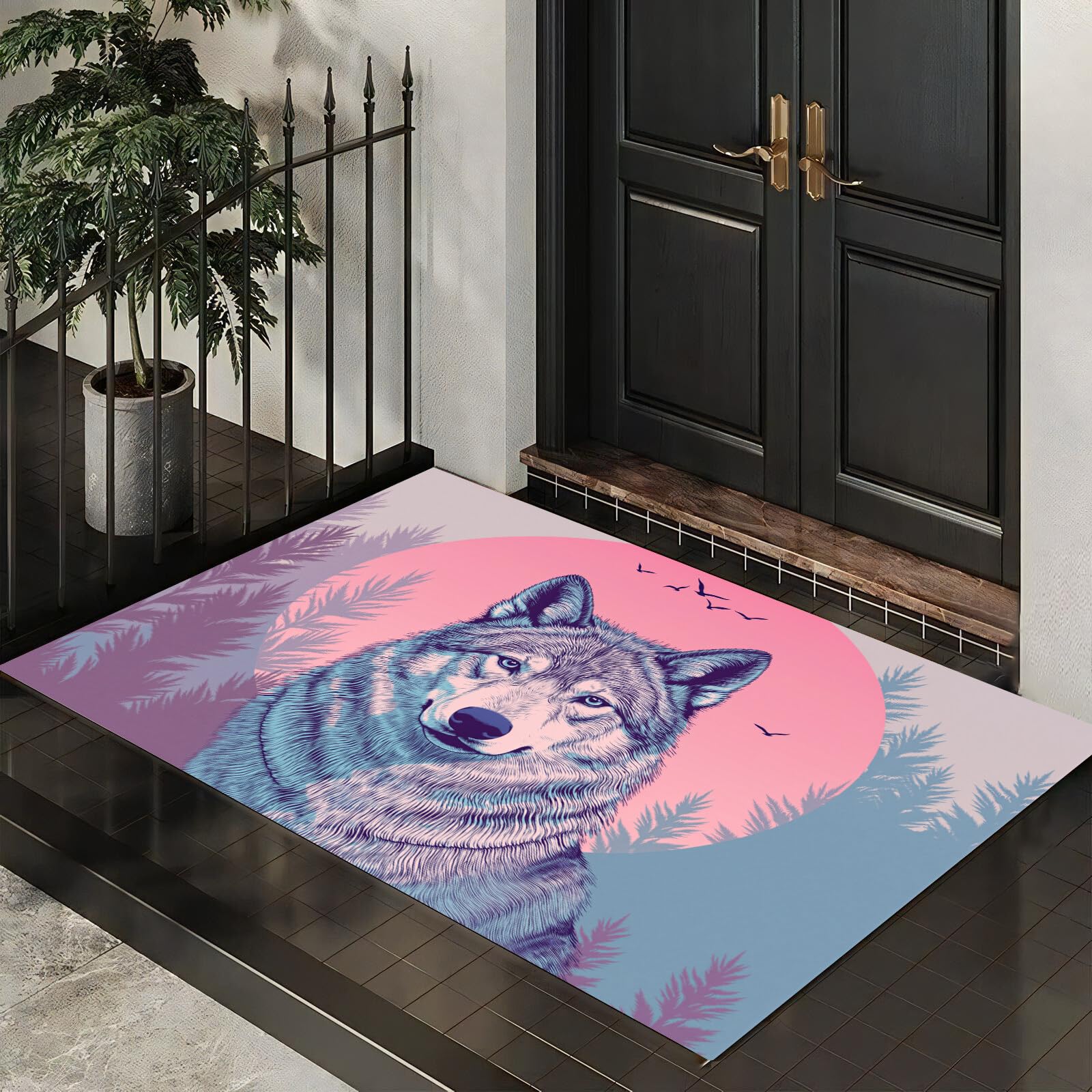 Tapis lavable illustrations rétro loup du ciel paillasson d'entrée