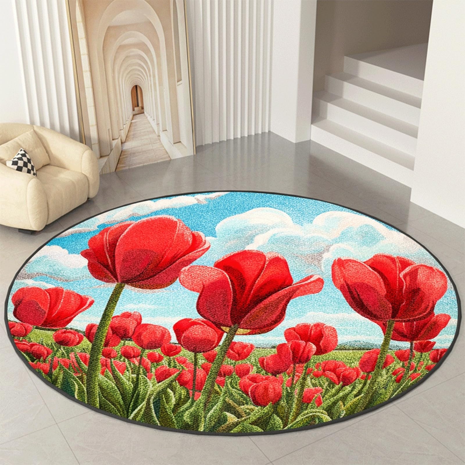 Tapis rond fleurs bleues rouges antidérapant en peluche douce 100cm