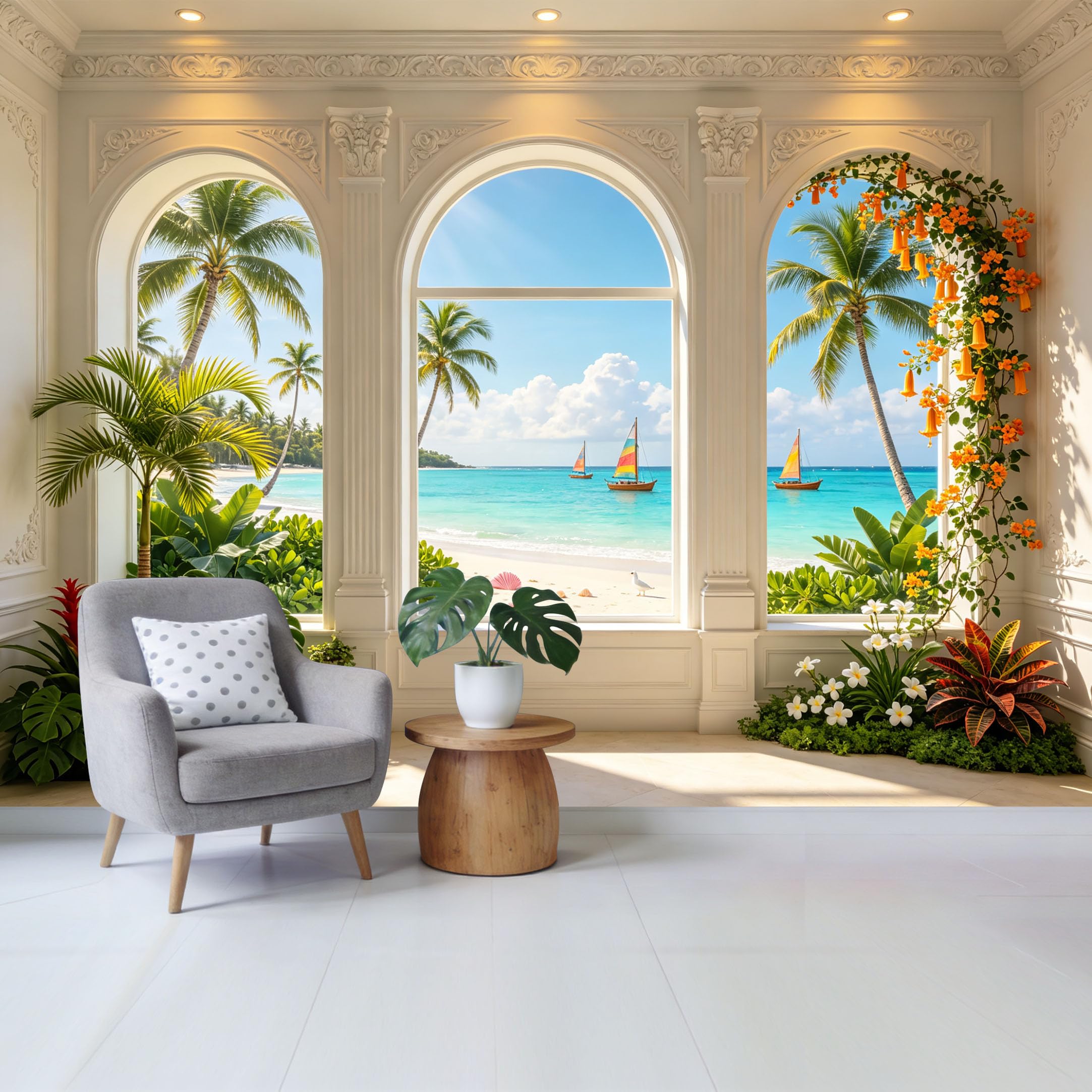 Custom Size Wall Mural Coastal Tropical Beach View Palm Trees and Sailboats Removable Self Adhesive Fabric Home Wall Decor for Living Room Bedroom Bathroom