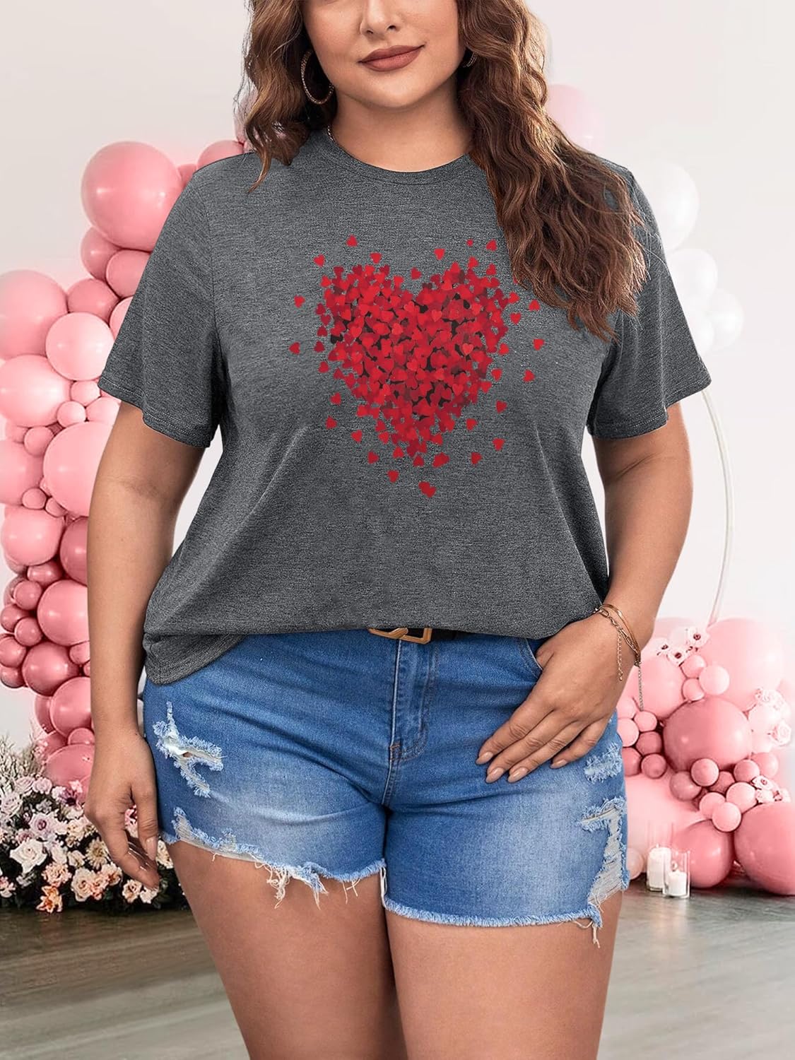 HDLTE Womens Plus Size Valentines Shirts Love Heart Graphic Print Short Sleeve Tops Casual Tees Blouse - Image 2