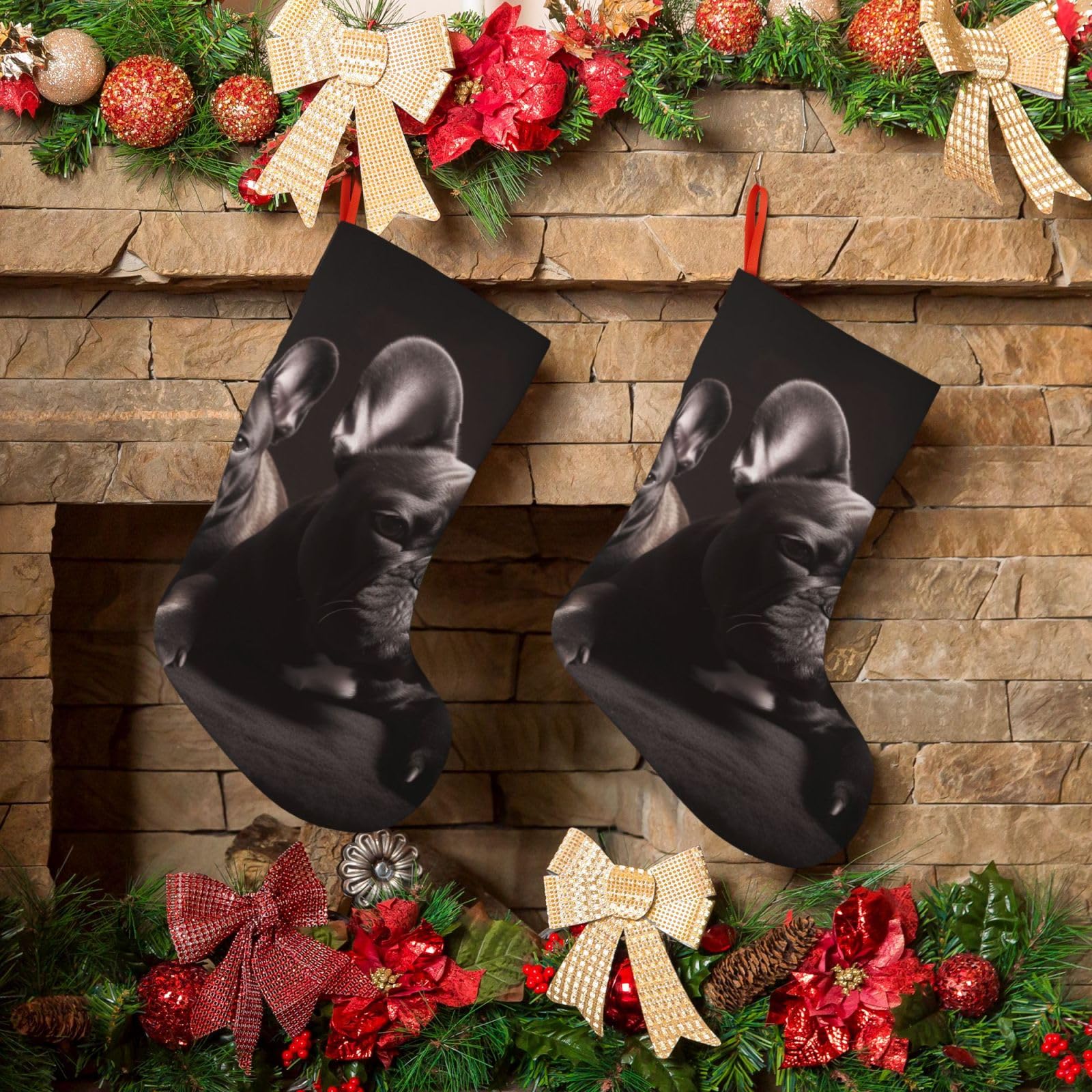 Fodpand Boys Black Bulldog Christmas Stockings Hanging Ornaments For Holiday Decor, 18 Inches Velvet Fireplace Hanging Xmas Stocking, Candy Gift Bags For Christmas Decorations
