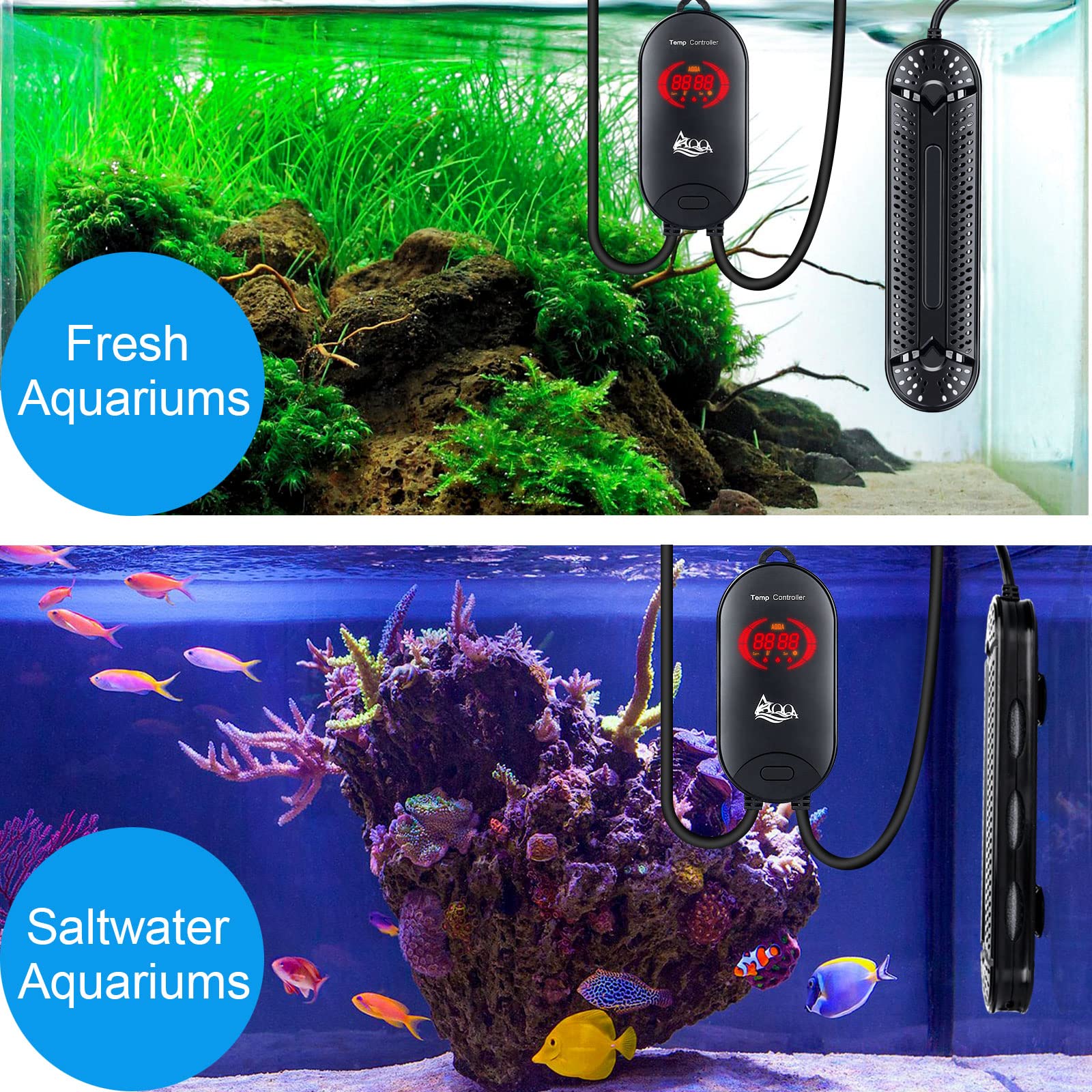AQQA Calentador de acuario de 800 W para acuario sumergible de 80 – 220 galones para acuario Betta Fish Heater Termostato calentador hidropónico de agua dulce y agua salada (800 W, 80-220 gal)