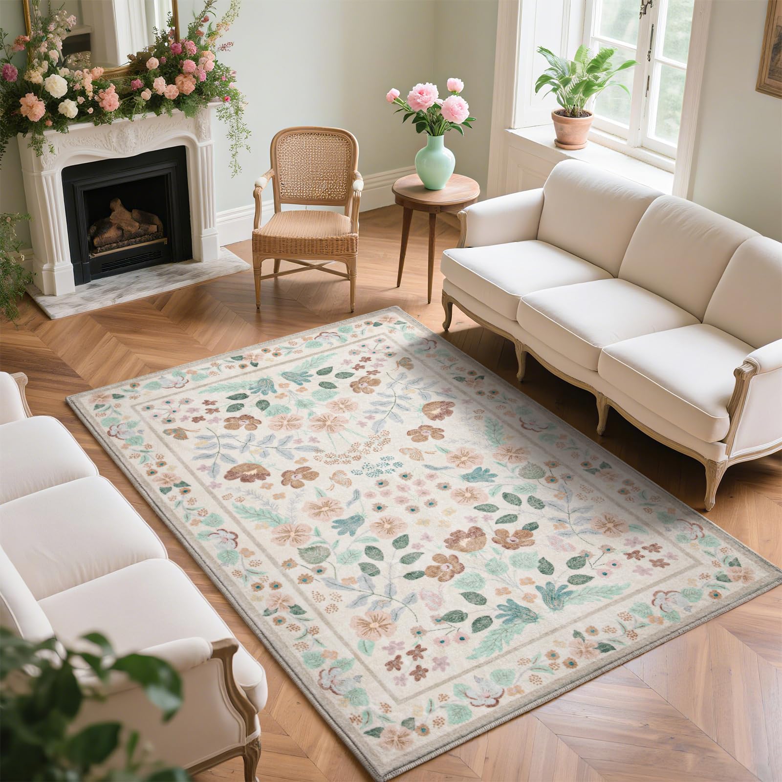 Asrug Flroal 5x7 Area Rugs for Living Room, Beige Non Slip Rugs for Bedroom, Indoor Throw Dining Room Rugs for Under Table Carpet for Kitchen Office,