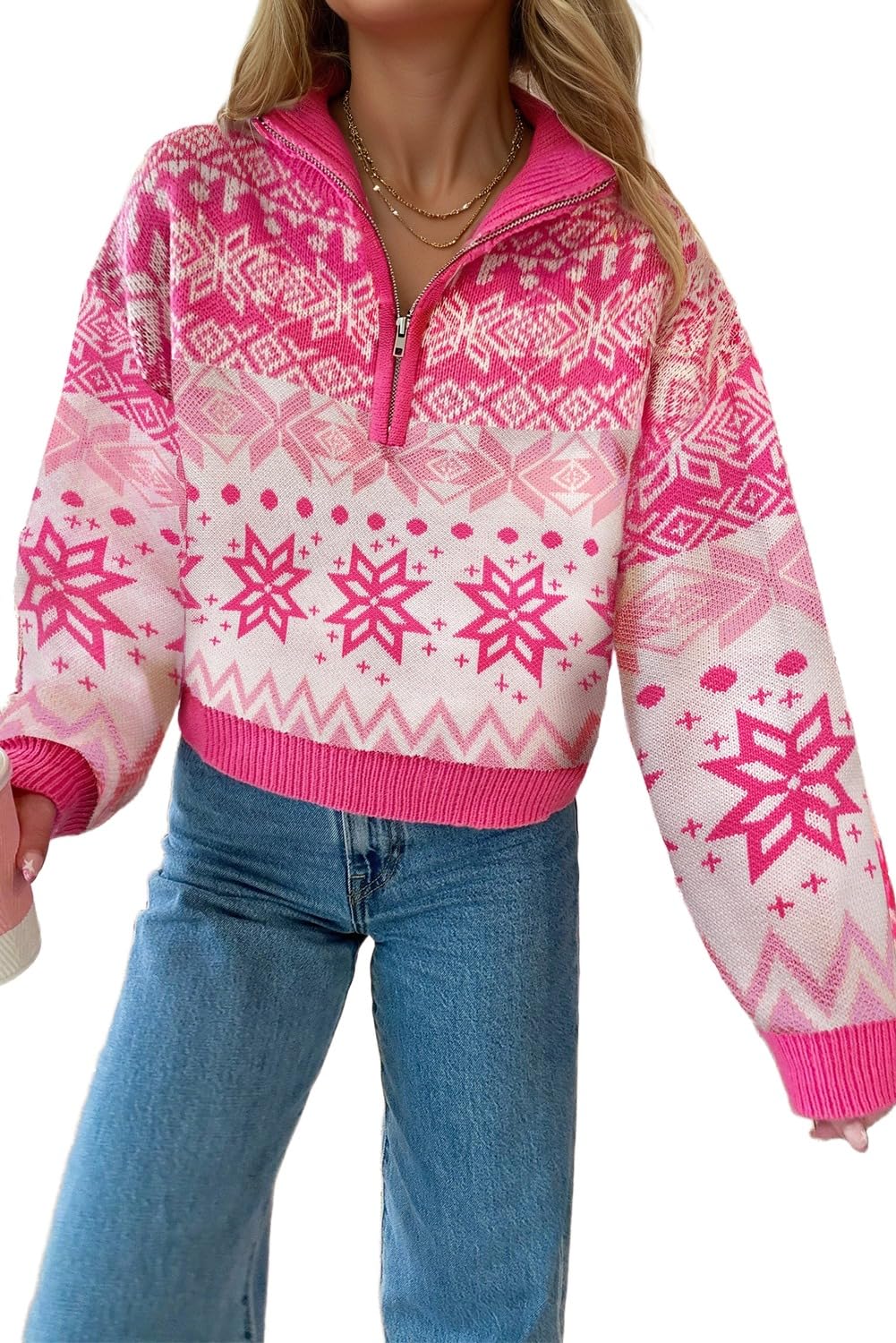Apvirdy Womens Christmas Snowflake Sweater Quarter Zip Long Sleeve Collared Sweaters Loose Christmas Knit Pullover Top