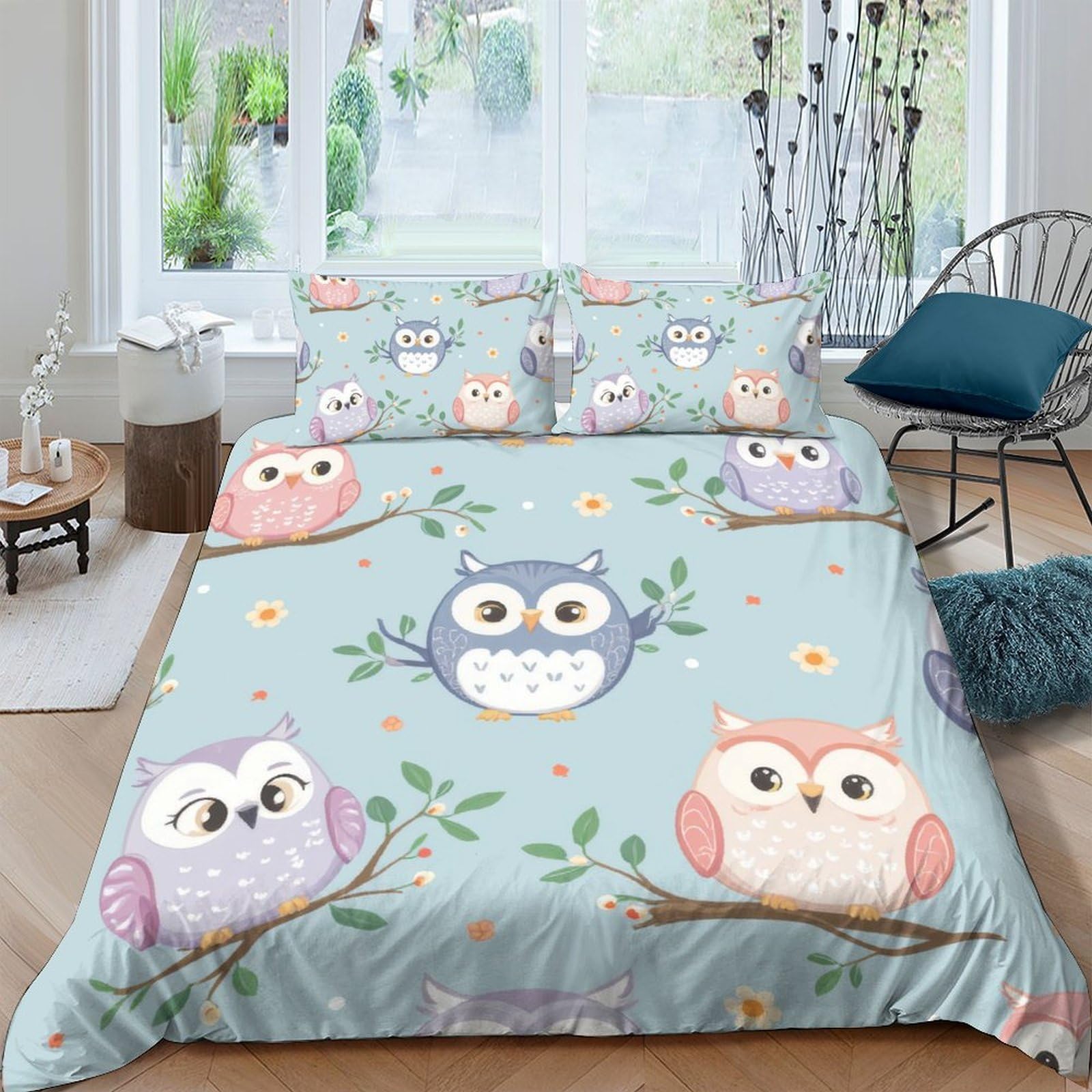 Ctjqhvkz Style-1 3D Printed Cartoon Owl Fitted Sheet Microfiber Soft Pastel Birds Bed Cover For Bedroom Guest Room Decor Single（135X200cm）