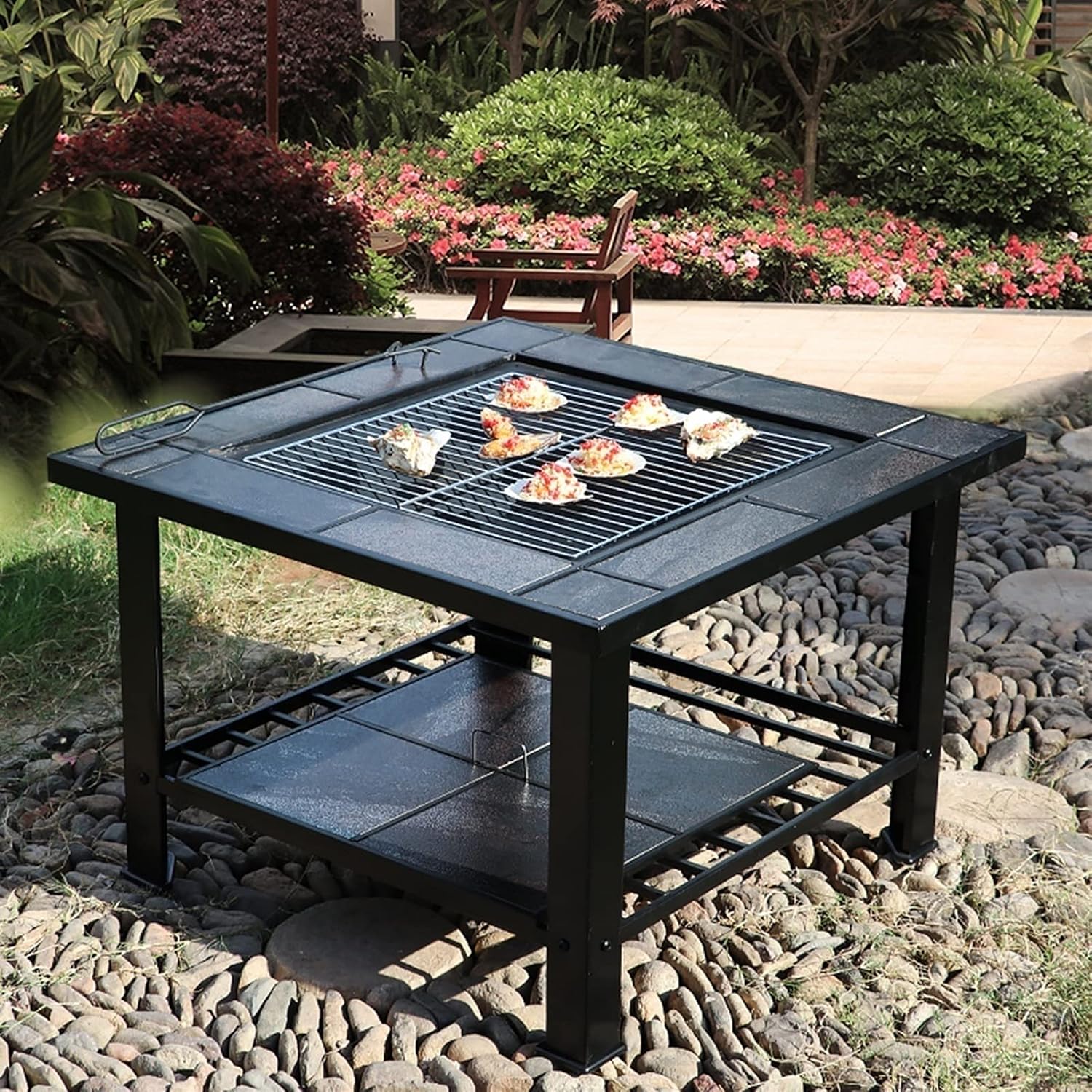 Outdoor Fire Pit Garden Square Metal Fireplace with Spark Screen Cover, Poker, Cover, Barbecue Picnic Camping Camp Fire Backyard, 79cm/29.9" (Color : Kit-1) (Kit 2)
