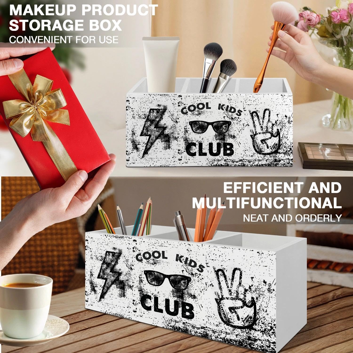 Boys Room Decor Pen Pencil Holder Organizer for Desk Accessories, Cool Kids Club Black and White Wooden Box Signs Decorations for Kids Boys Room Bedroom Classroom Desk Tabletop image 5