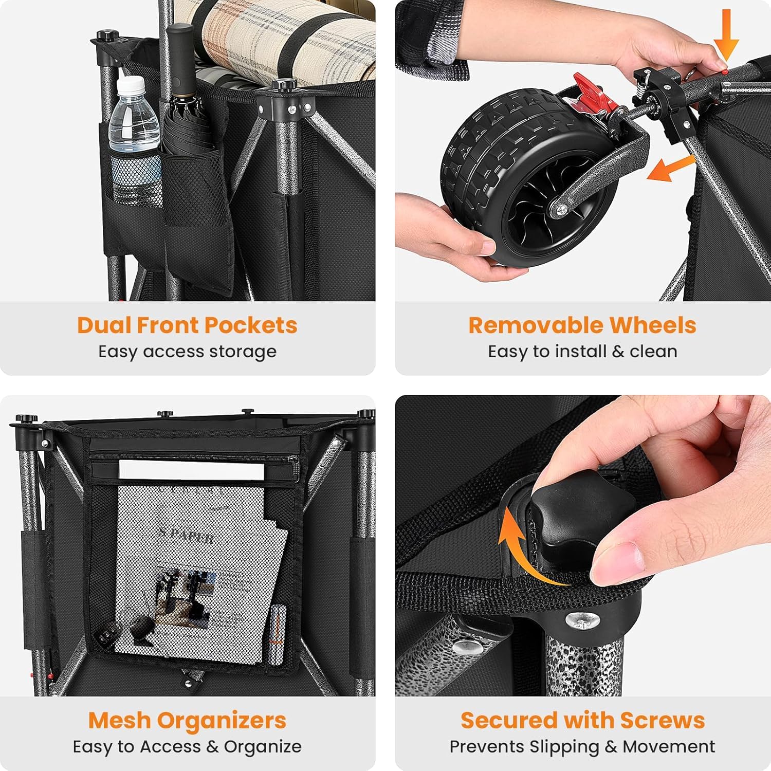 YEAUPE PRO Carrello pieghevole in 4 direzioni con apertura laterale, portata 185 l, 150 kg, pieghevole, con freno di stazionamento e manico regolabile in altezza, per spiaggia, campeggio, giardino