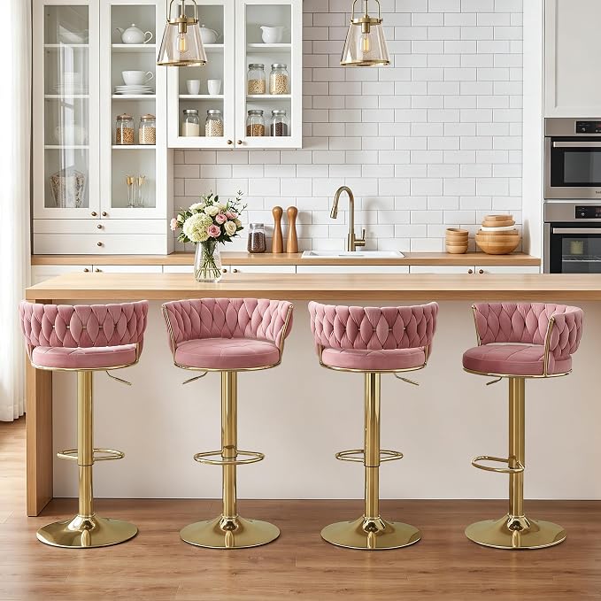 Butaco moderno en terciopelo rosa con base metálica dorada miniatura 7