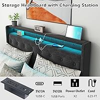 Vista 4 de Loomie Marco de Cama con Elevación Completa con Estación de Carga y Luces LED, Cama Tapizada con Cabecera de Almacenamiento Wingback con Botones