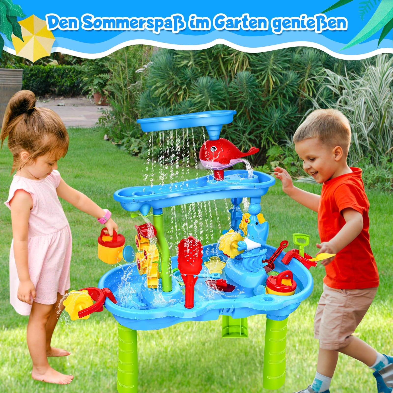 JONRRYIN Mesa de Juego de Agua y Arena, Mesa para Niños al Aire Libre con Juguetes Playa para Niños y Niñas (Azul)