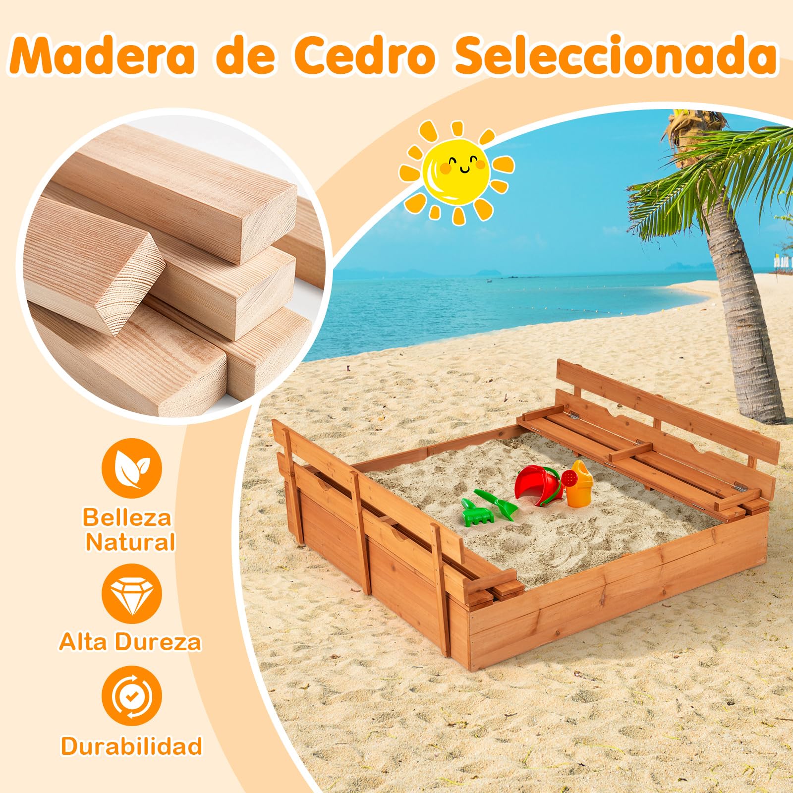 COSTWAY Arenero de Madera, Caja de Arena de con Tapa, Arenero Infantil con Bancos Plegables y Forro de Protección Inferior, Caja de Arena para Playa Patio para Niños de 18+ Meses