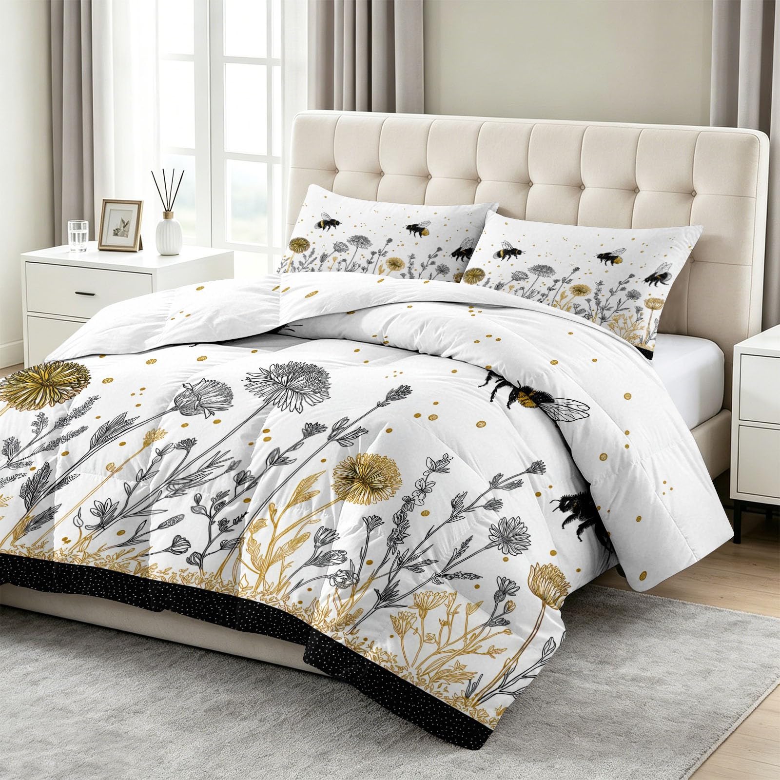 Kołdra całoroczna w stylu vintage, 200 x 200 cm, narzuta na owady, pszczoły, rośliny, kołdra pikowana, na 4 pory roku, dwustronna, miękka, ciepła kołdra do spania