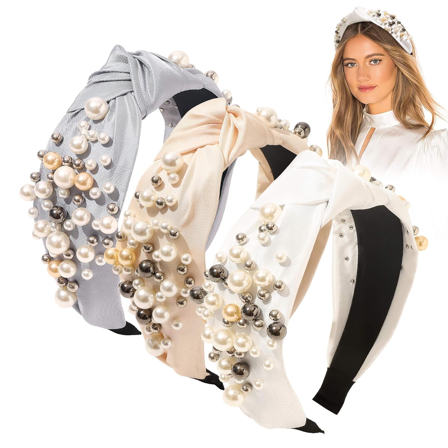 Ivyu Headbands for Women Head Bands - Knotted Pearl Headband Diademas Para Mujer De Moda Hair Accessories Hairbands for Girls No Slip Fashion Cute Top Knot Headband Gift for Women White Gray Beige