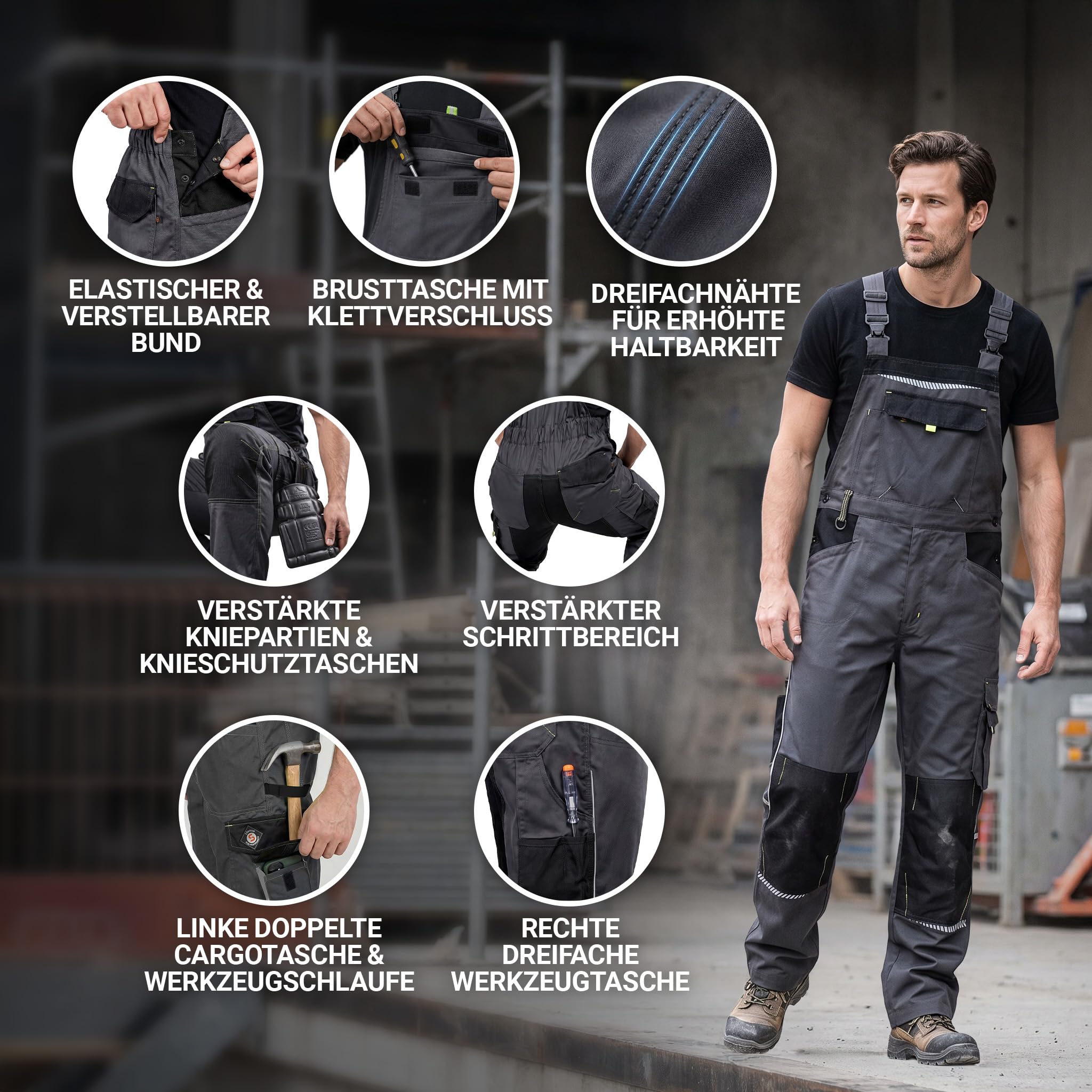 Stenso Prisma Arbeitslatzhose Herren mit Stretch | Latzhose mit Stretch 2 Seitentaschen 2 Gesäßtaschen Brusttasche mit Patte und Cargotasche