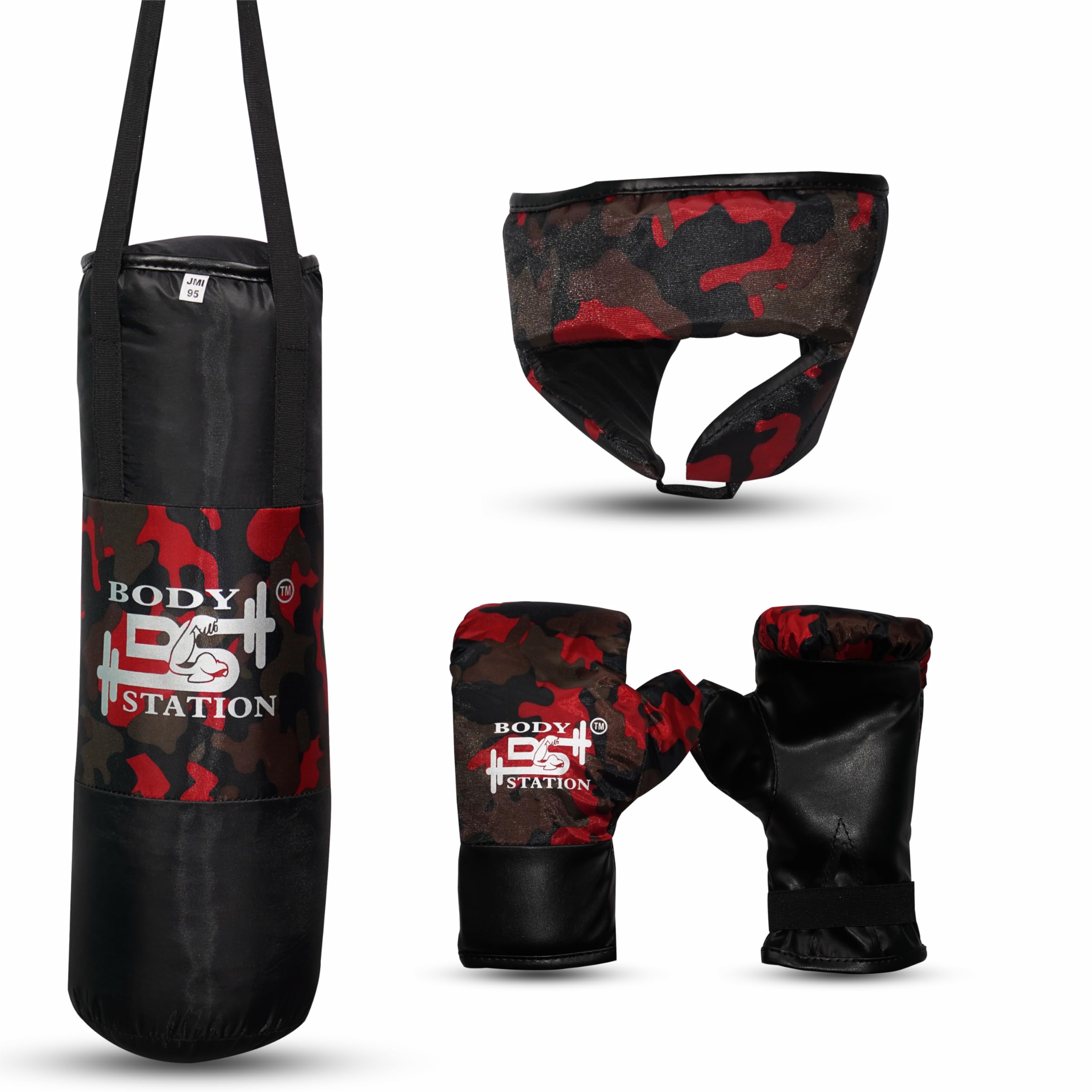Bodystation Kids Champ Junior Punching Set | 1 Punching Bag, 1 Head Guard, 2 Gloves | Boxing Training Punching Bag & Gloves for Boys & Girls | for 3 to 10 Years Kids (Set of 4) (Red Camo)