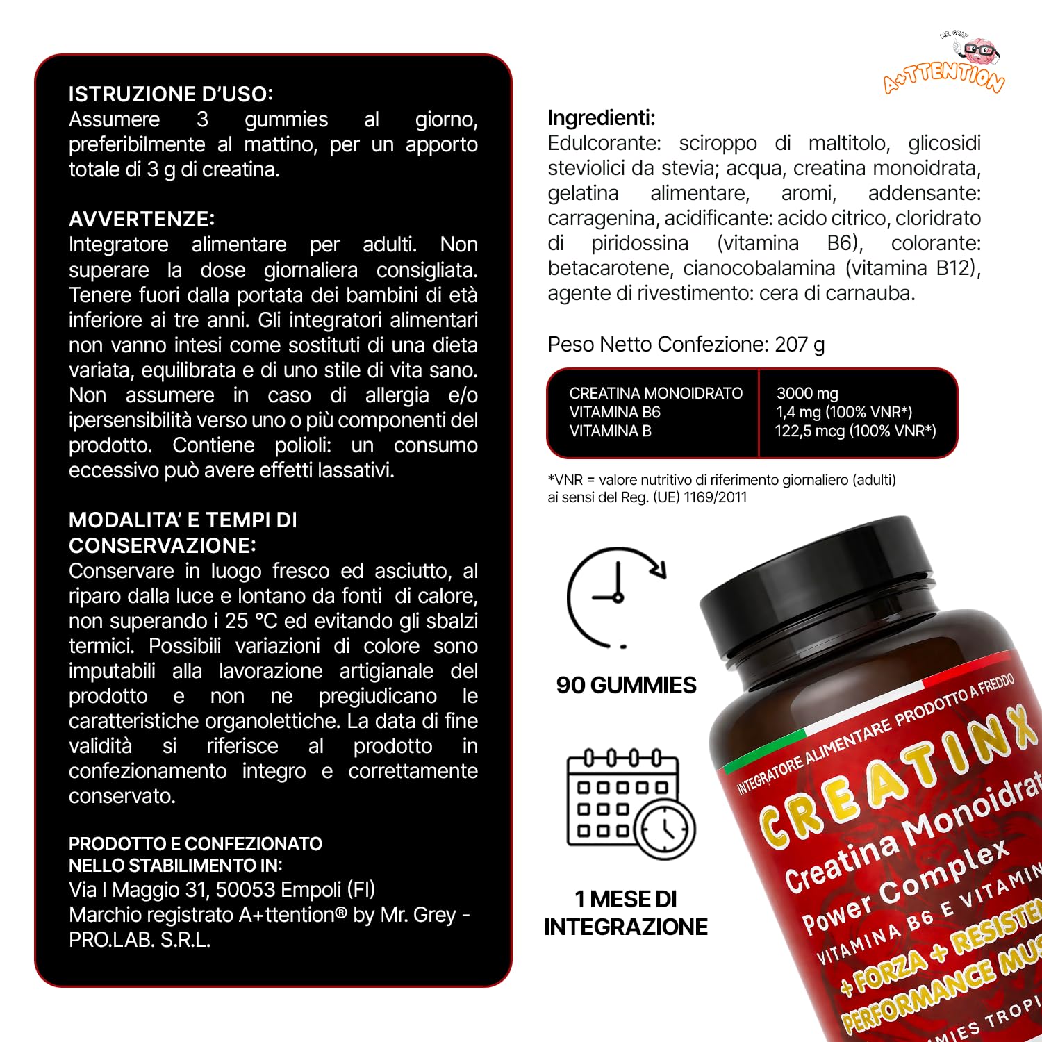 A+ttention Mr.Gray CREATINX|Creatina Bio Monoidrato 90 Gummies Prodotto a Freddo |Vitamina B6 e B12 | Forza Resistenza Performance |Gusto Tropical e Pesca|1 Mese di Fornitura|Senza Glutine e Lattosio