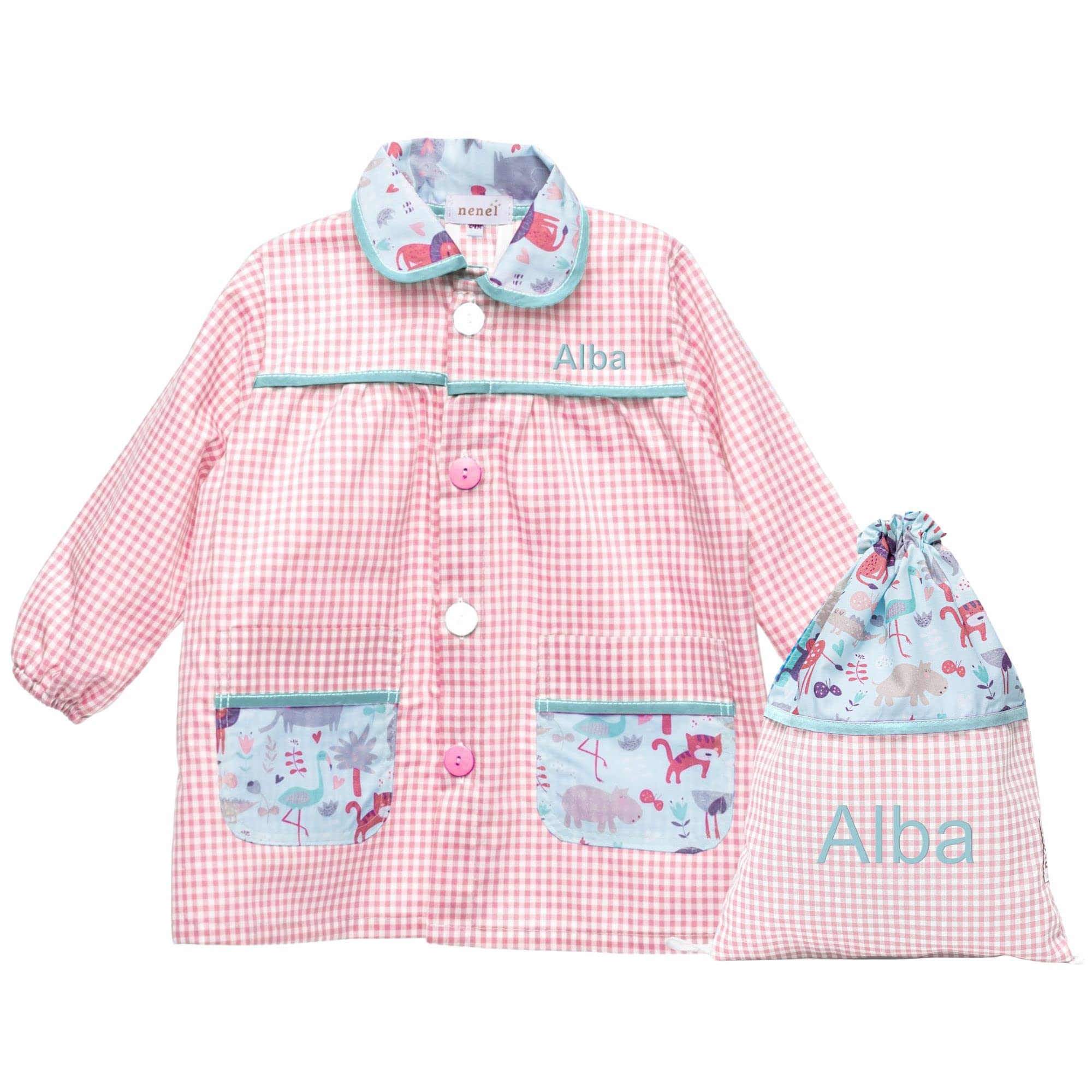 Nenel Conjunto Escolar para Colegio o guardería: Mandilón, babi o Bata Escolar + Bolsa merienda Bordado con el Nombre. Modelo Cute Animals