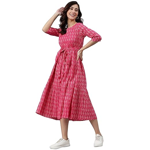 Janasya Women's Cotton Woven Midi Dress