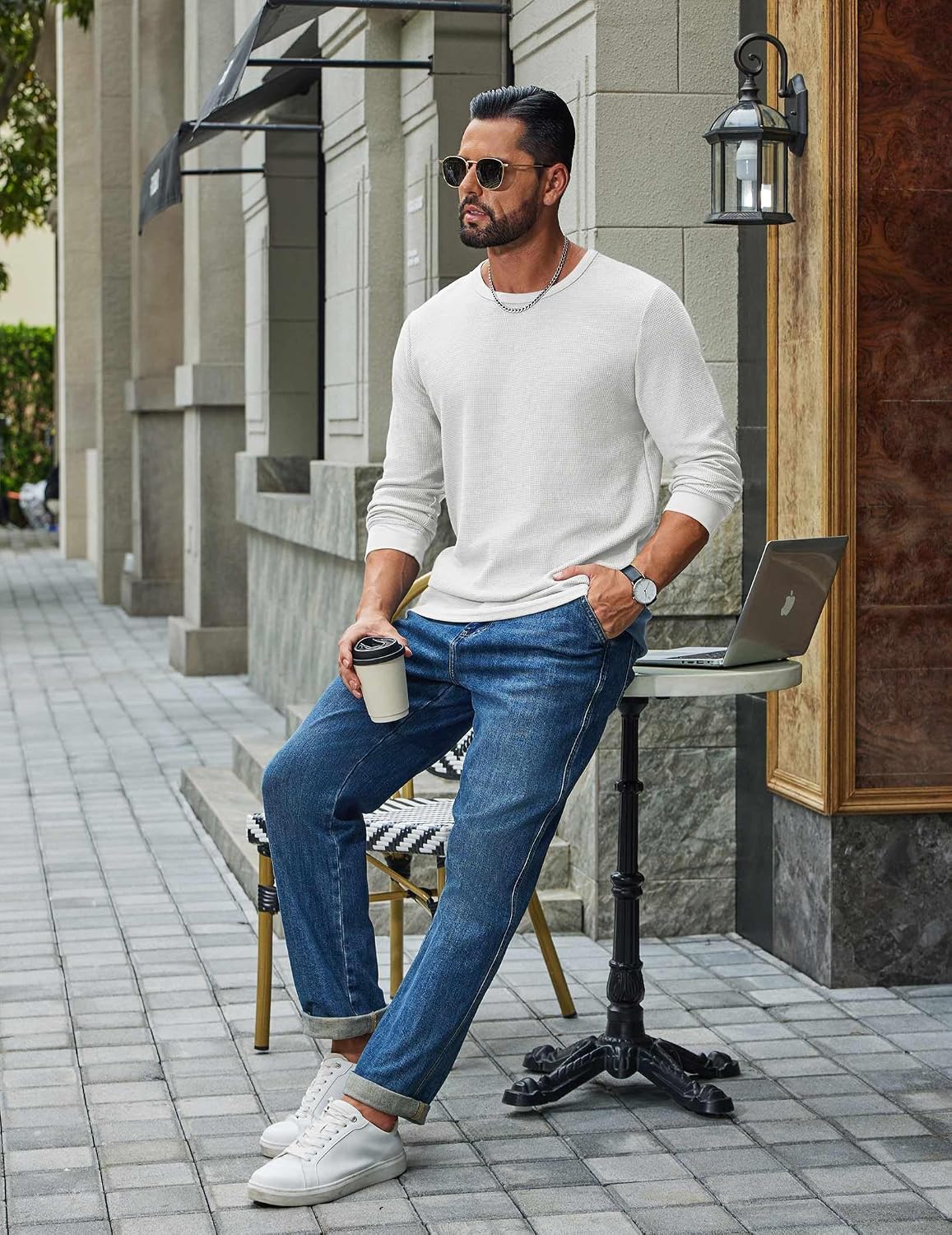 COOFANDY Mens Waffle Long Sleeve Shirt Crew Neck Cotton Blend Basic T Shirt image 4