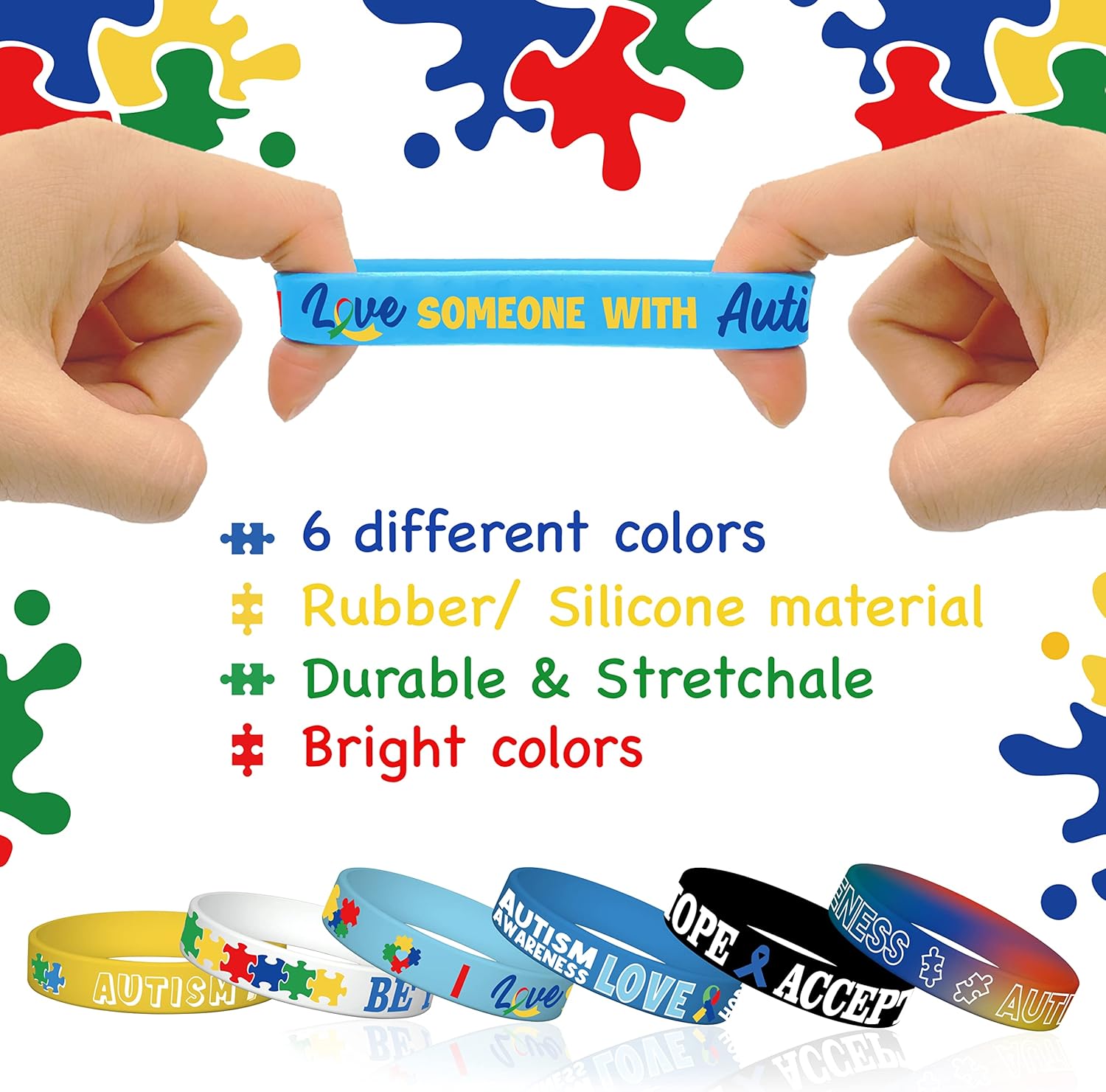 100 Pcs Autism Awareness Bracelets,Puzzle Pieces Autism Awareness Silicone Wristbands Special Autism Education Motivational Rubber Wristband for Women Adult Teens Gifts Party Supplies Presents - Image 3