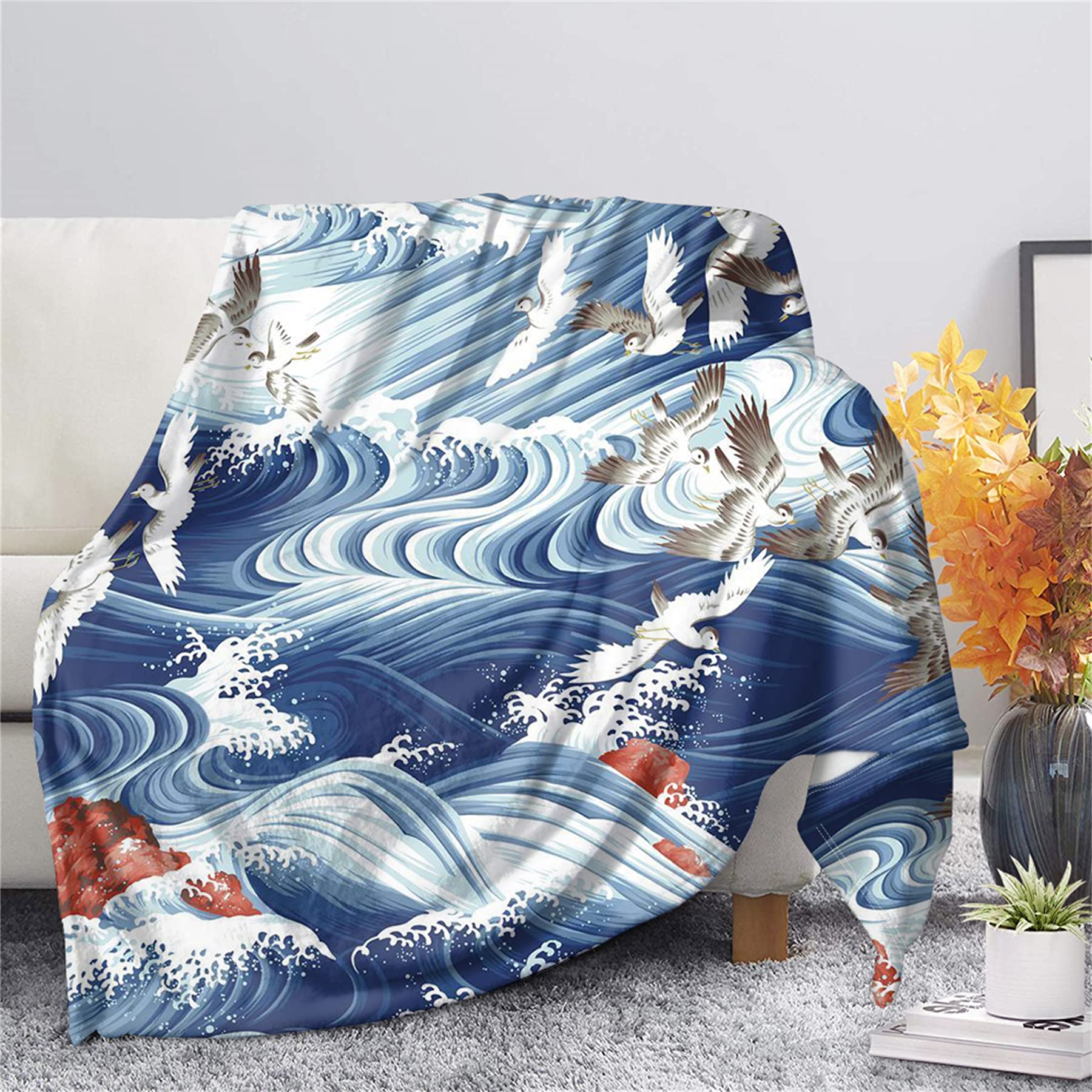 Amazon.com: Cozeyat Great Sea Waves Throw Blankets for Beds Flying Crane  Rough Printed Fleece Blanket Warm Thick,All Season Air Conditioner Office  Nap Plush Fuzzy Wraps : Home u0026 Kitchen