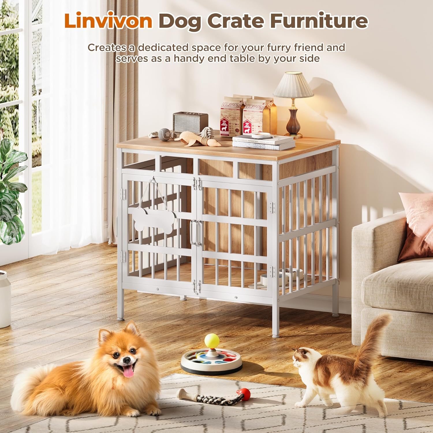 29 Inch Dog Crate Furniture, Heavy Duty Dog Kennel for Small or Medium Dogs, Double Doors Indoor Decor Pet House Cage, Anti Escape Wooden Dog Cage with Name Tag End Table, TV Stand, Beige