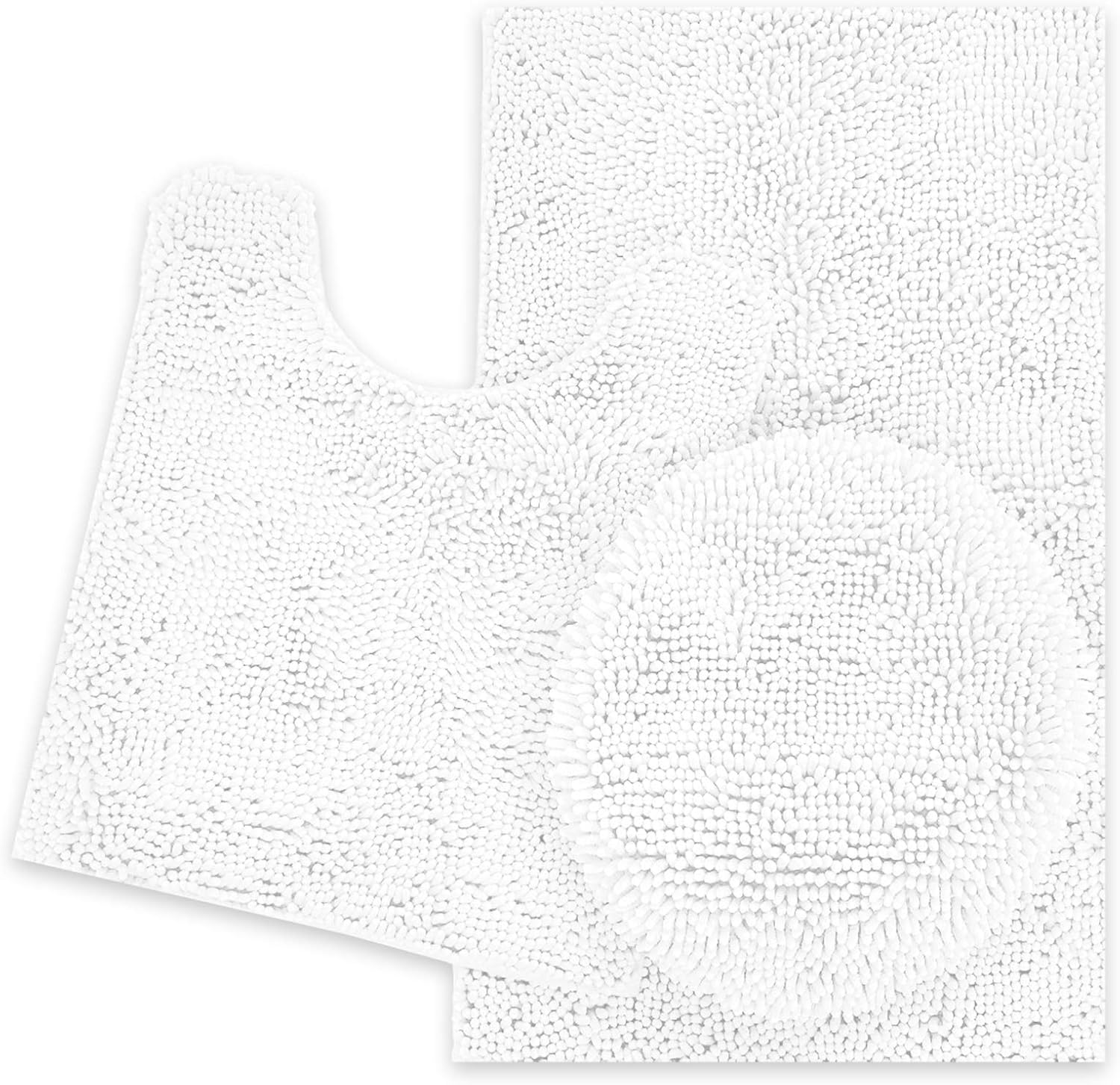 ITSOFT 3pc Non-Slip Shaggy Chenille Bathroom Mat Set, Includes 24 x 21 Inches U-Shaped Contour Toilet Rug, 34 x 21 Inches Bathmat and 1 Toilet Lid Cover, White