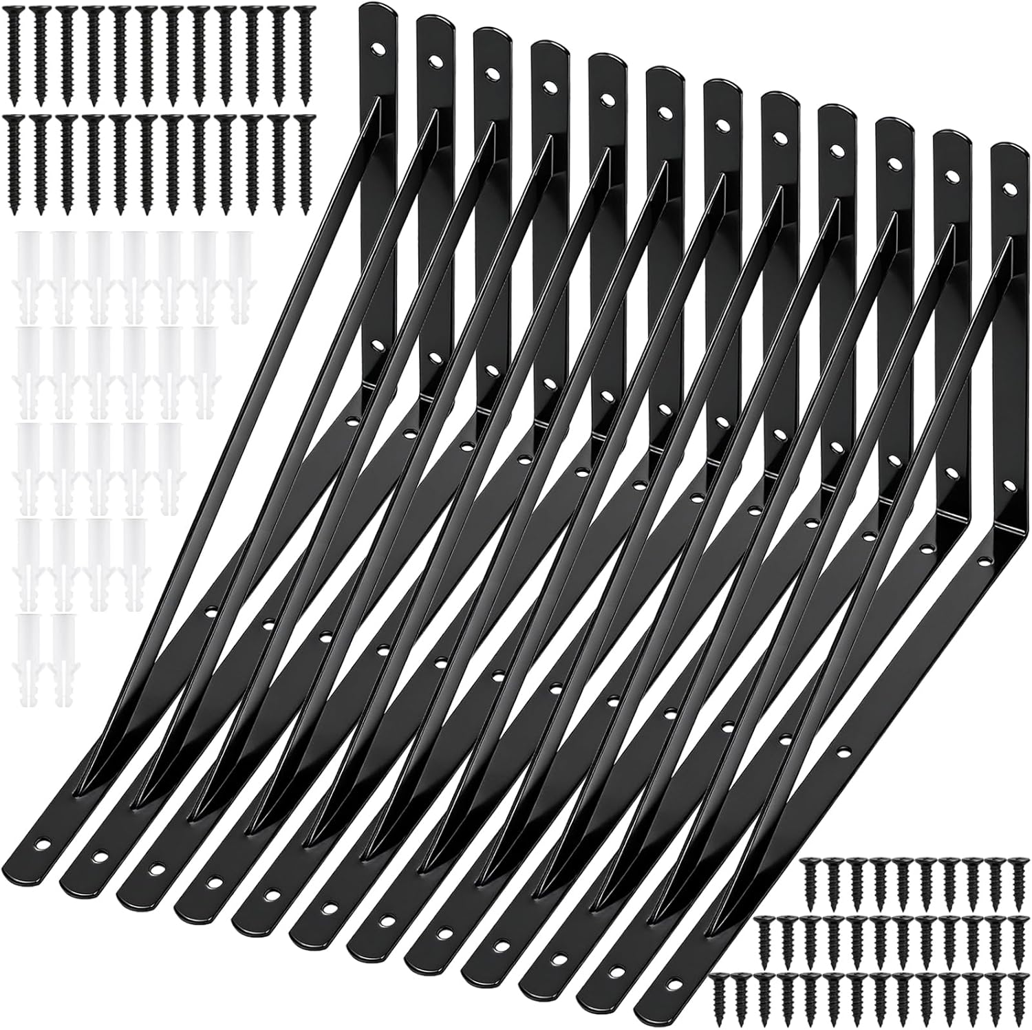 Hiceeden 12 Pack Heavy Duty Shelf Brackets, 12 in X 8 in Wall Mount Steel L Shelf Bracket, Angle Brackets for Floating Shelves, Black Metal Powder-Coated