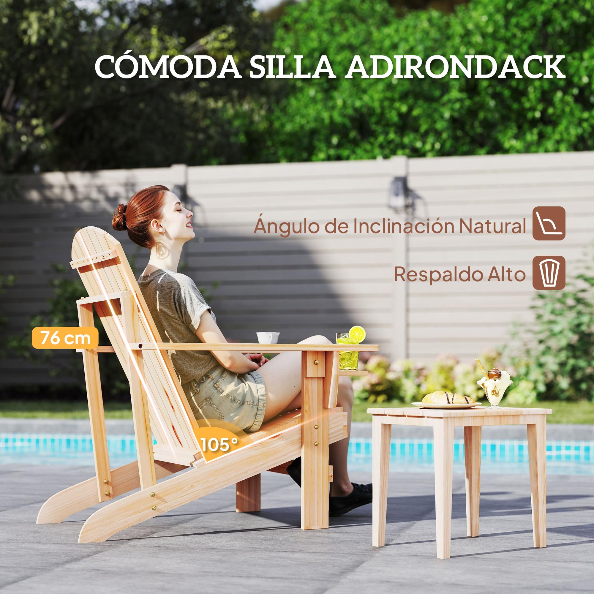 Outsunny Silla Adirondack de Madera Silla de Jardín con Reposabrazos y Respaldo Alto para Terraza Balcón Exterior 72x95x93 cm Natural