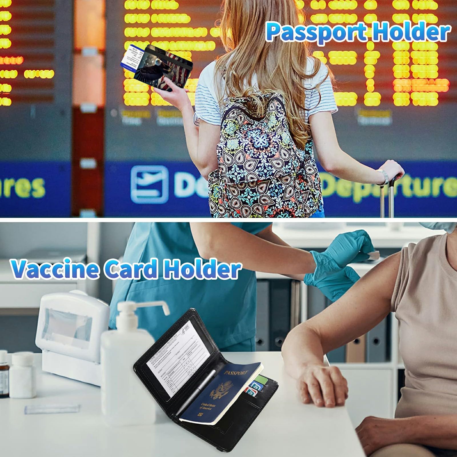 Combo de tarjetero para pasaporte y vacunación, piel sintética, bloqueo RFID, funda para pasaporte para mujer, funda de cuero con banda elástica, con bolígrafo, multicolor/fantasía (American Flag