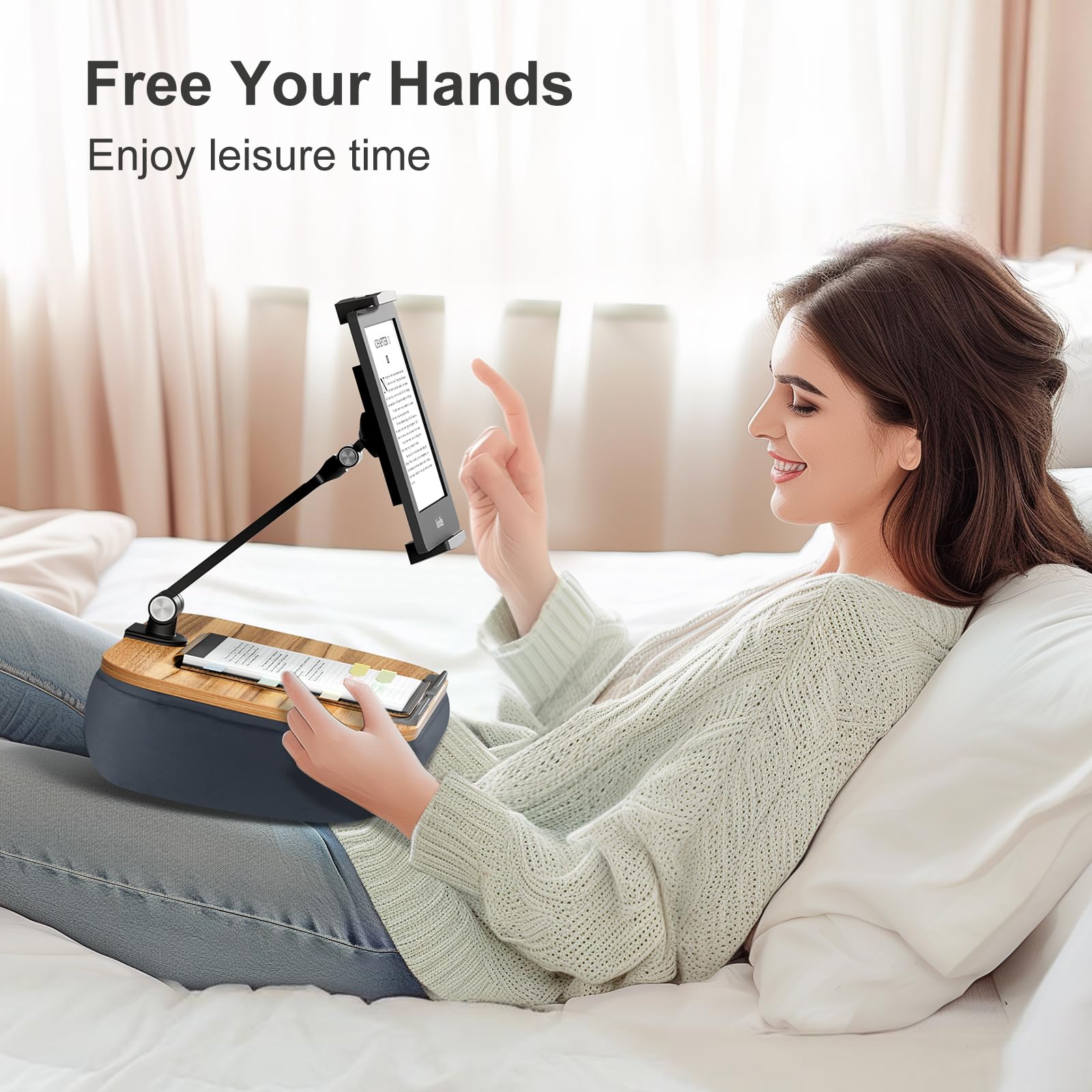 ERGONOV Lap - Puf acogedor soporte de almohada Kindle para cama con brazo ajustable, soporte para tableta de 360°, se adapta a Kindle, iPad, teléfono, laptop, escritorio de regazo para leer manos