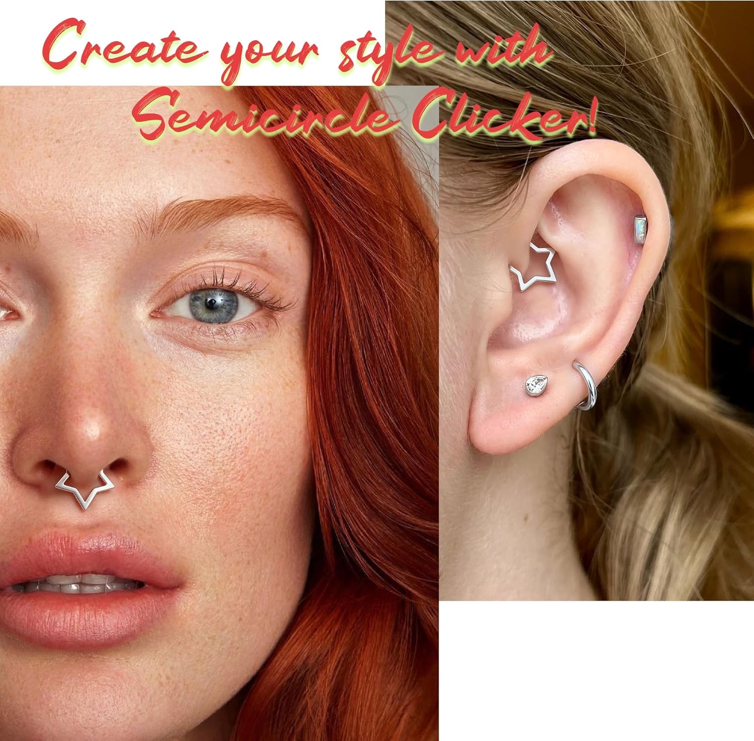 BodyBonita 16G Straight Septum Rings, 316L Surgical Steel D Shaped Septum Jewelry, Star Lace Chain Nose Rings Hoops Clicker, Helix Tragus Rook Daith Piercings for Women Men 8 mm - Image 4