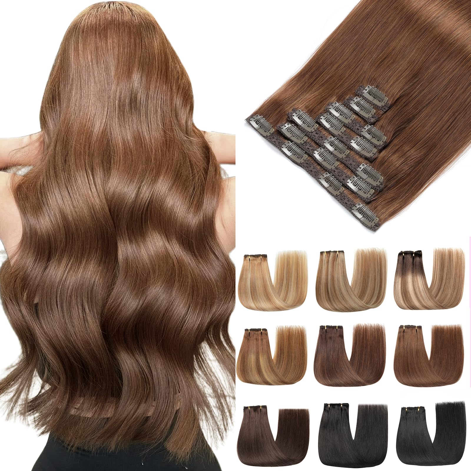 EINbeauty Clip In Extensions Echthaar 7Stücke 120g 60cm Extensions Echthaar Gerade Echthaar Extensions Schokoladenbraun Extensions Clip In Haarverlängerung（24Zoll，4#）