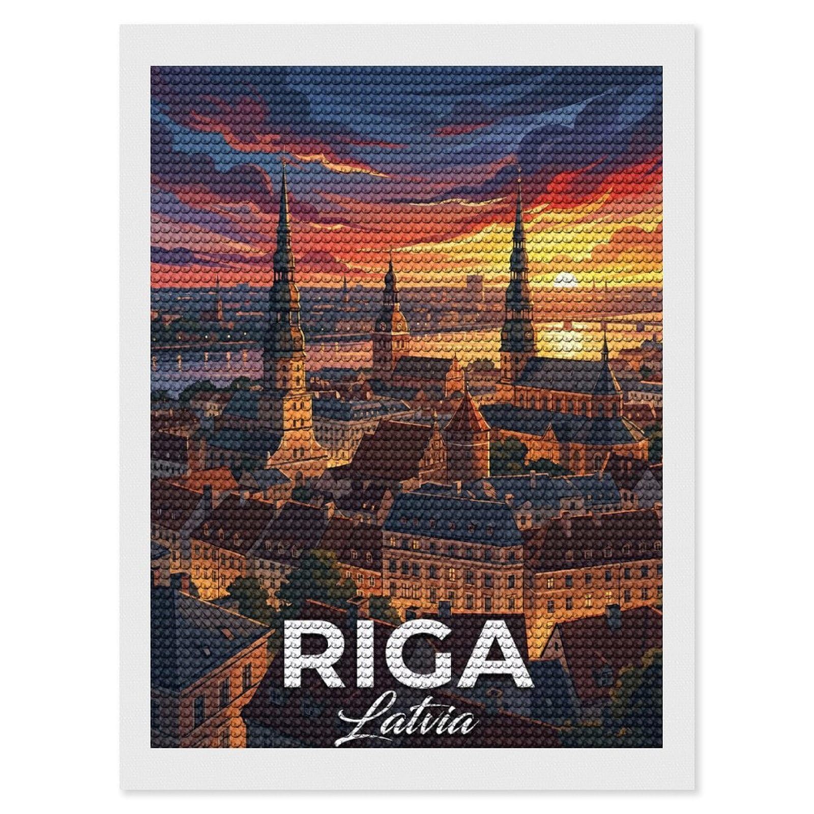 Junmoney Riga, Latvia Sunset Cityscape Diamond Art Kit 12"x16", Modern Decor, for Adults, Printed Canvas, Holiday Gift Idea, Fun Craft Experience