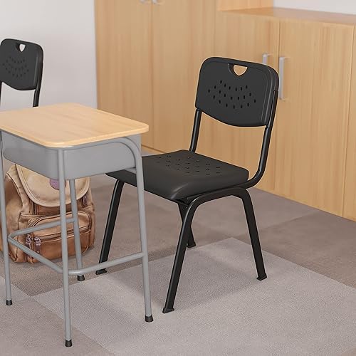 Miniatura 1 de EMMA + OLIVER Silla apilable de plástico negro para estudiantes con respaldo abierto