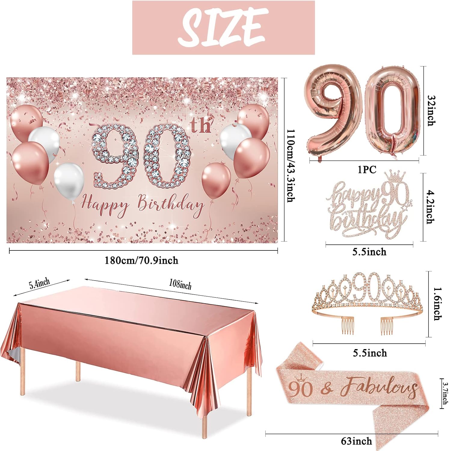 Trgowaul 90th Birthday Decorations Party Set for Women, Rose Gold 90 Birthday Banner and Tablecloth, 90 & Fabulous Sash and Tiara, 1PC Happy 90th Birthday Cake Topper, Pink Gold 90 Number Balloons - Image 7