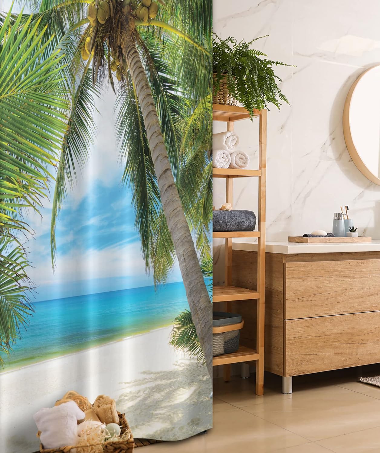 Ambesonne Ocean Stall Shower Curtain, Shadow Shade of a Coconut Palm Tree on White Sandy Seashore Image, Fabric Bathroom Decor Set with Hooks, 36" X 72", Green Blue
