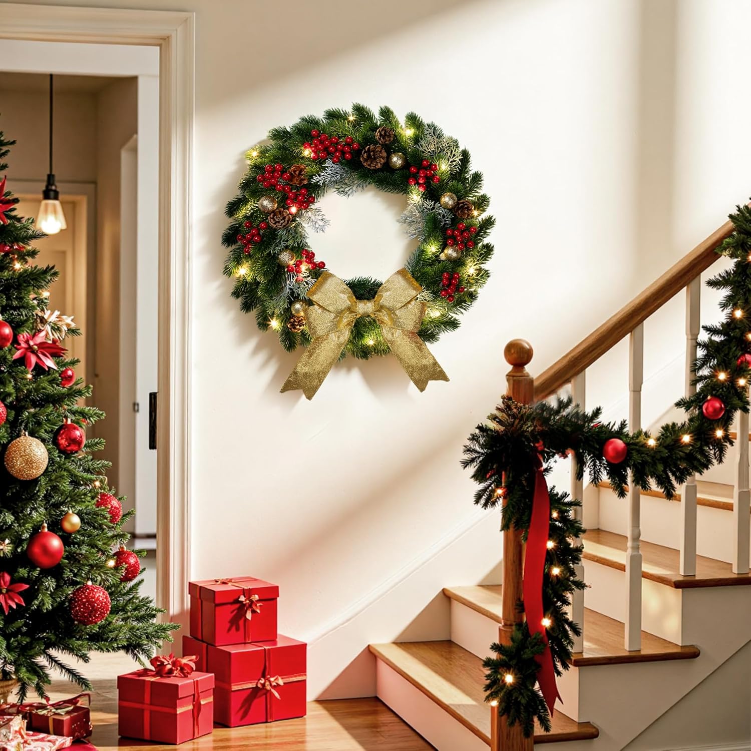 Christmas Wreath for Front Door with Gold Bow, 13" Christmas Wreath with Pine Cones, Red Berries & Glitter Balls, Holiday Door Wreath for Indoor Outdoor Xmas Decor - Image 5