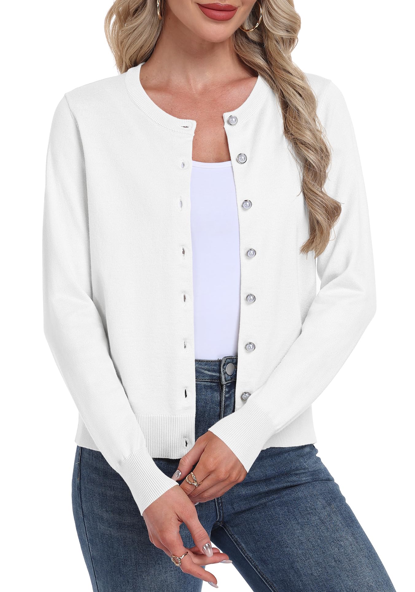 GRECERELLE Cardigan doux élégant et léger à manches longues pour femme en tricot avec perles boutonnées pour femme, automne, hiver, rendez-vous et fête