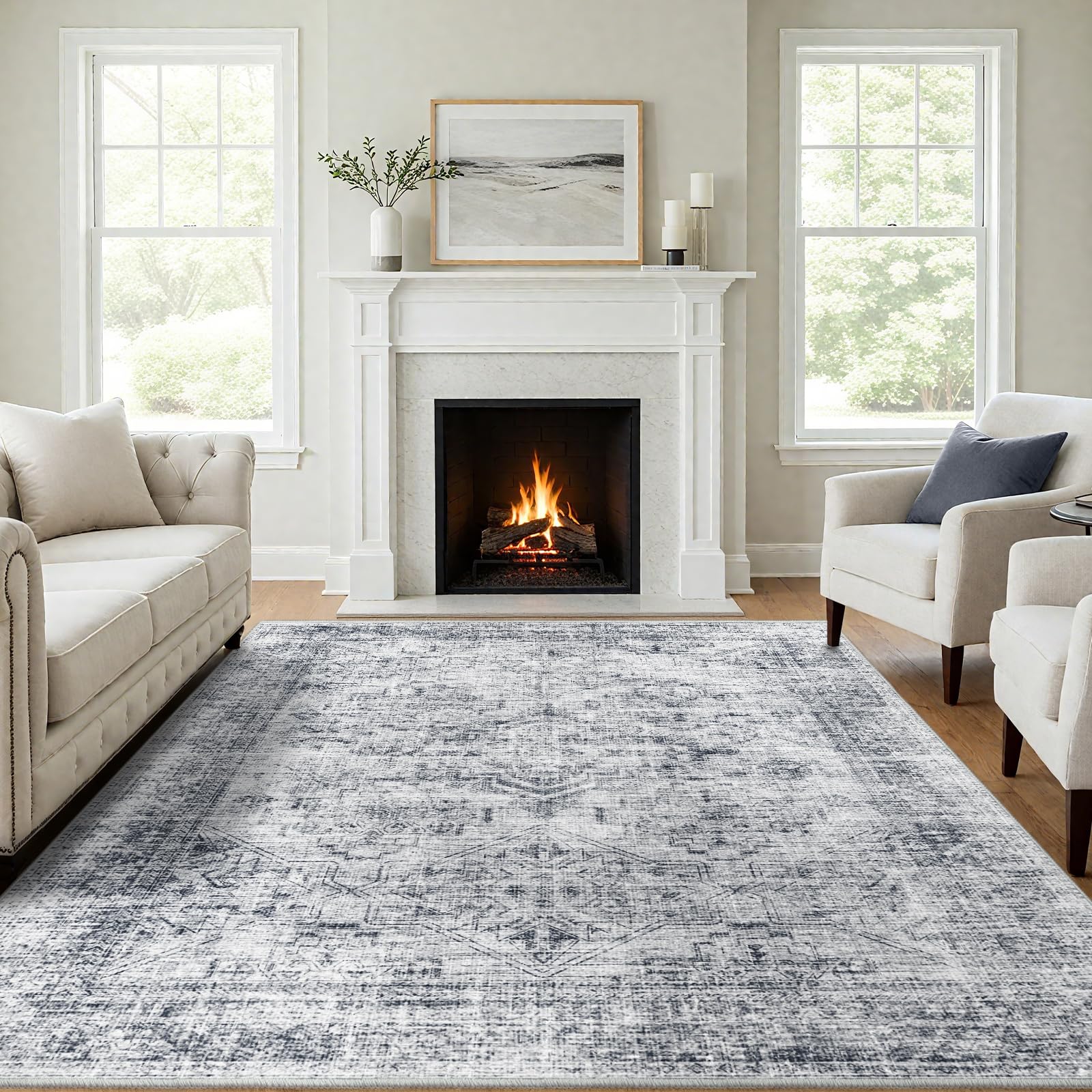 GthreeD Teppich Wohnzimmer Waschbarer rutschfest | Boho Blumen Carpet Flauschig Kurzflor Wohnzimmerteppich Groß Teppich für Esszimmer Schlafzimmer Büro