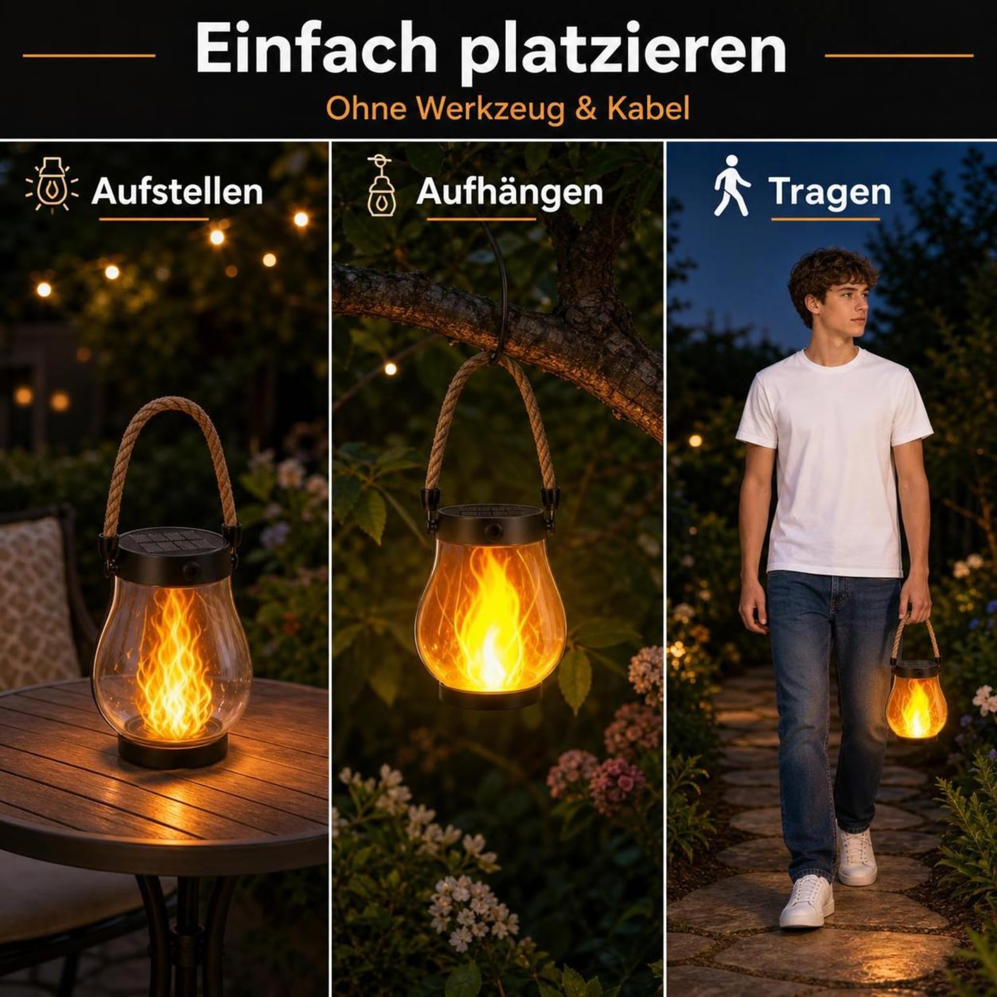 Klynero Solar Laterne mit Flammeneffekt und USB-Ladung für Halloween (2 Stück)