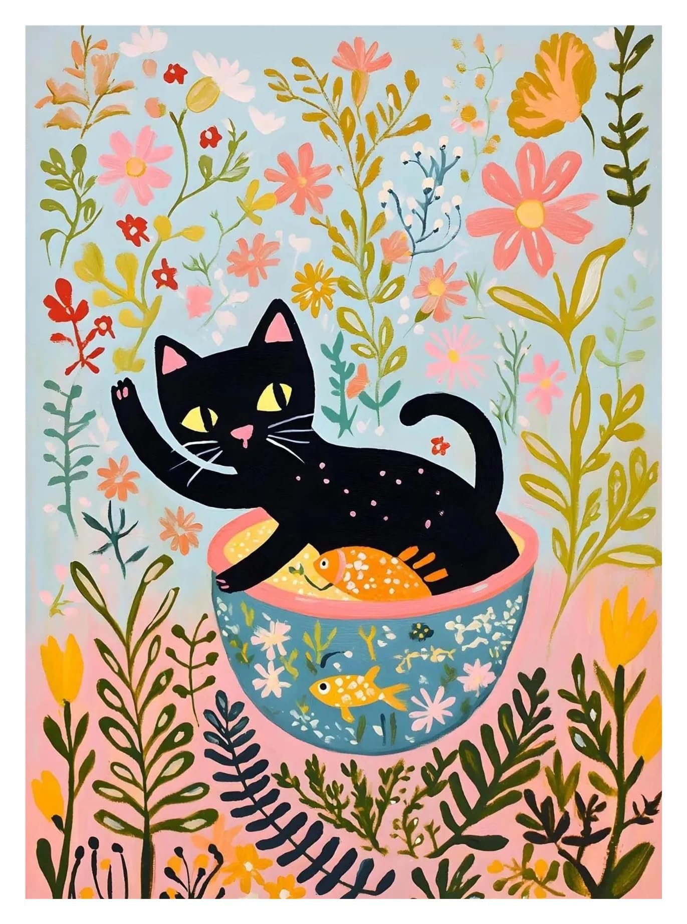 Affiche chat noir dans un bocal pour décoration salon et chambre d'enfant