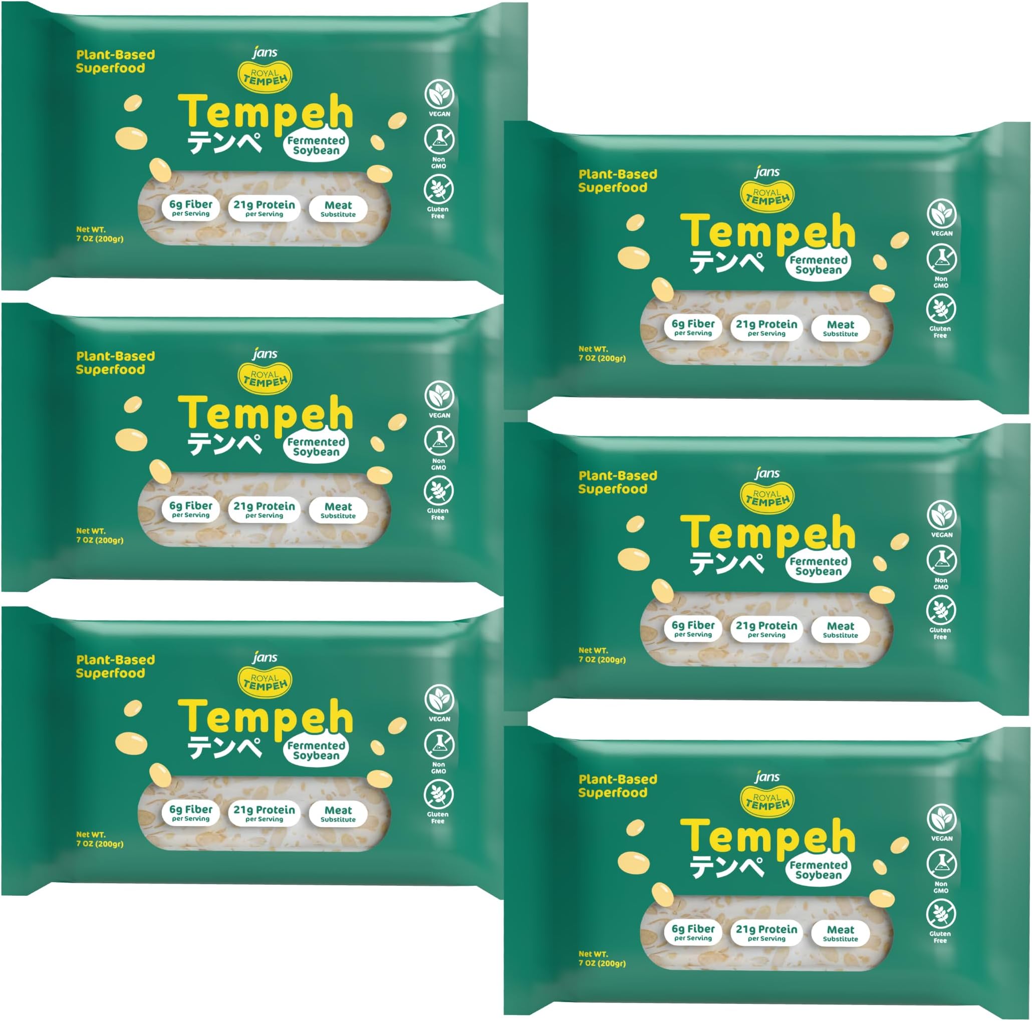 Jans Frozen Royal Tempeh: Wholesome Vegetarian Protein made From Fermented Soy | Elevate your Meals with Authentic Indonesian Flavor | 7.0 OZ (Pack of 6)