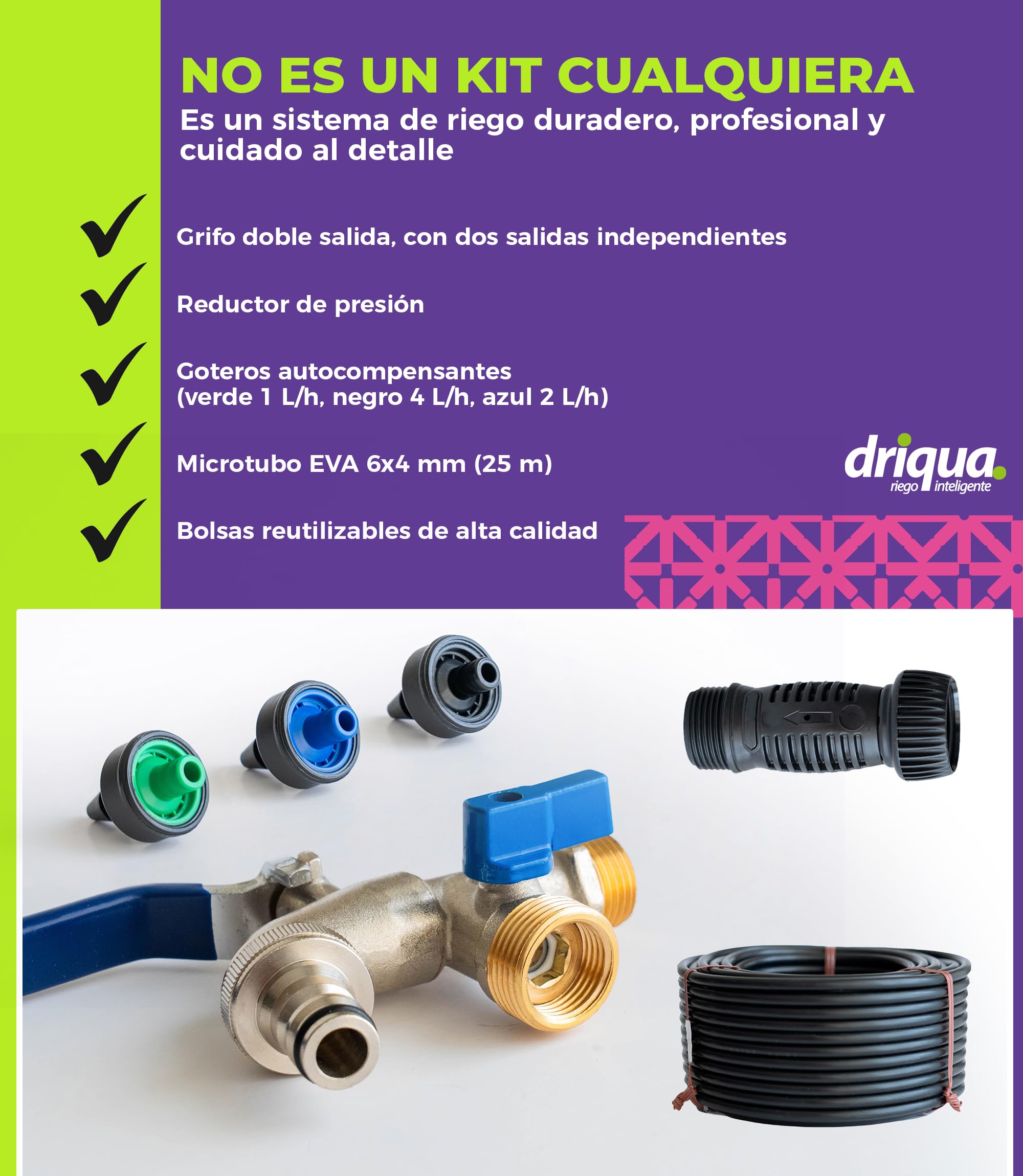 Kit de Riego por Goteo Balcones Terrazas y Huerto Urbano Sistema Completo 20-25 Macetas con Grifo Doble Latón Reductor Presión Goteros Autocompensantes Microtubo 25m Instalación Fácil sin Electricidad