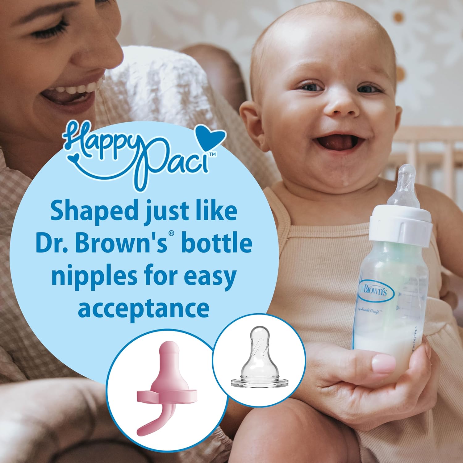 Dr. Brown's HappyPaci 100% Silicone Baby Pacifier, Contoured One-Piece Design, Light Pink/Pink/White, 0-6m, BPA-Free, 4-Pack