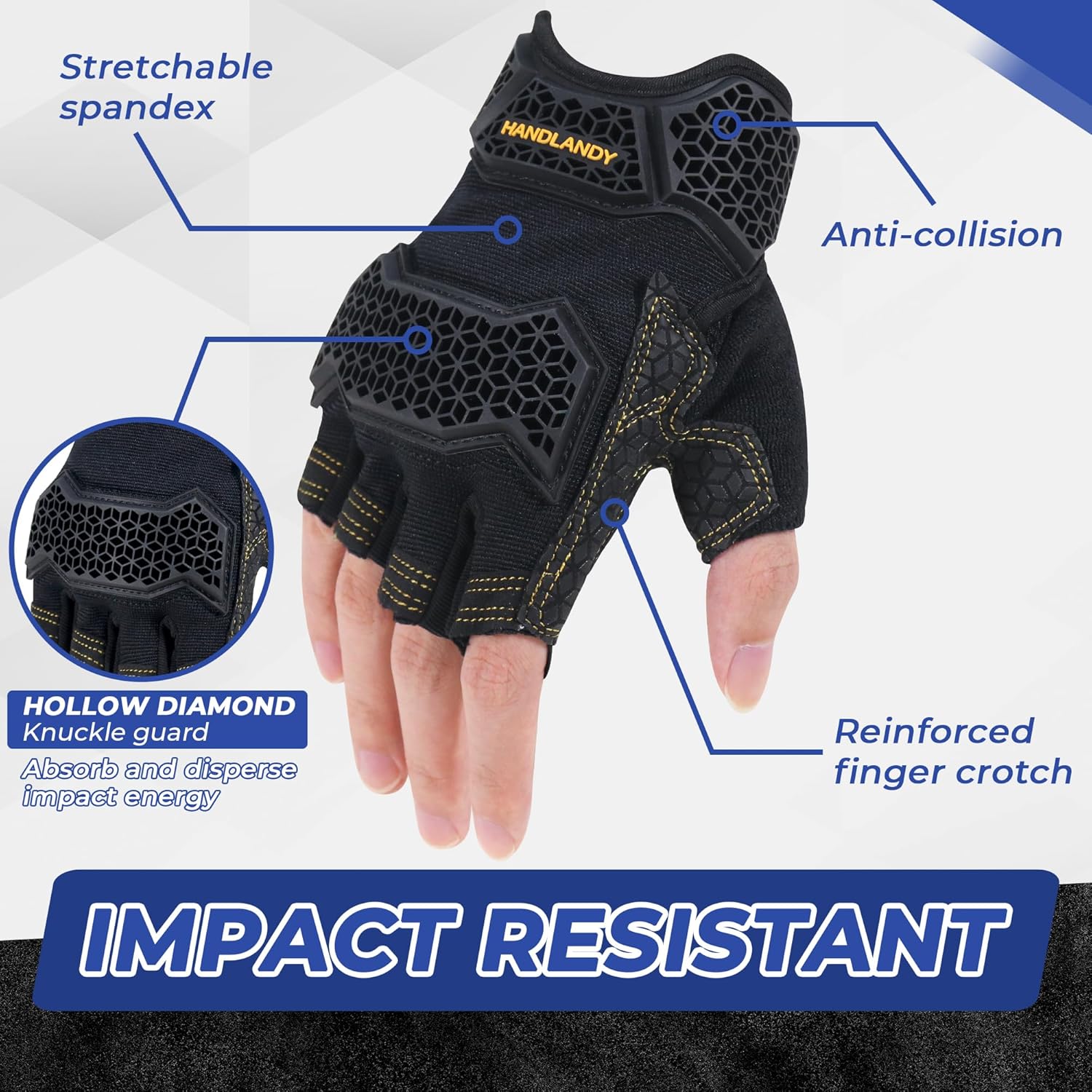 HANDLANDY Fingerless Work Gloves for Mens & Women, Uwrist Half Finger Shock-Absorbing Breathable Glove